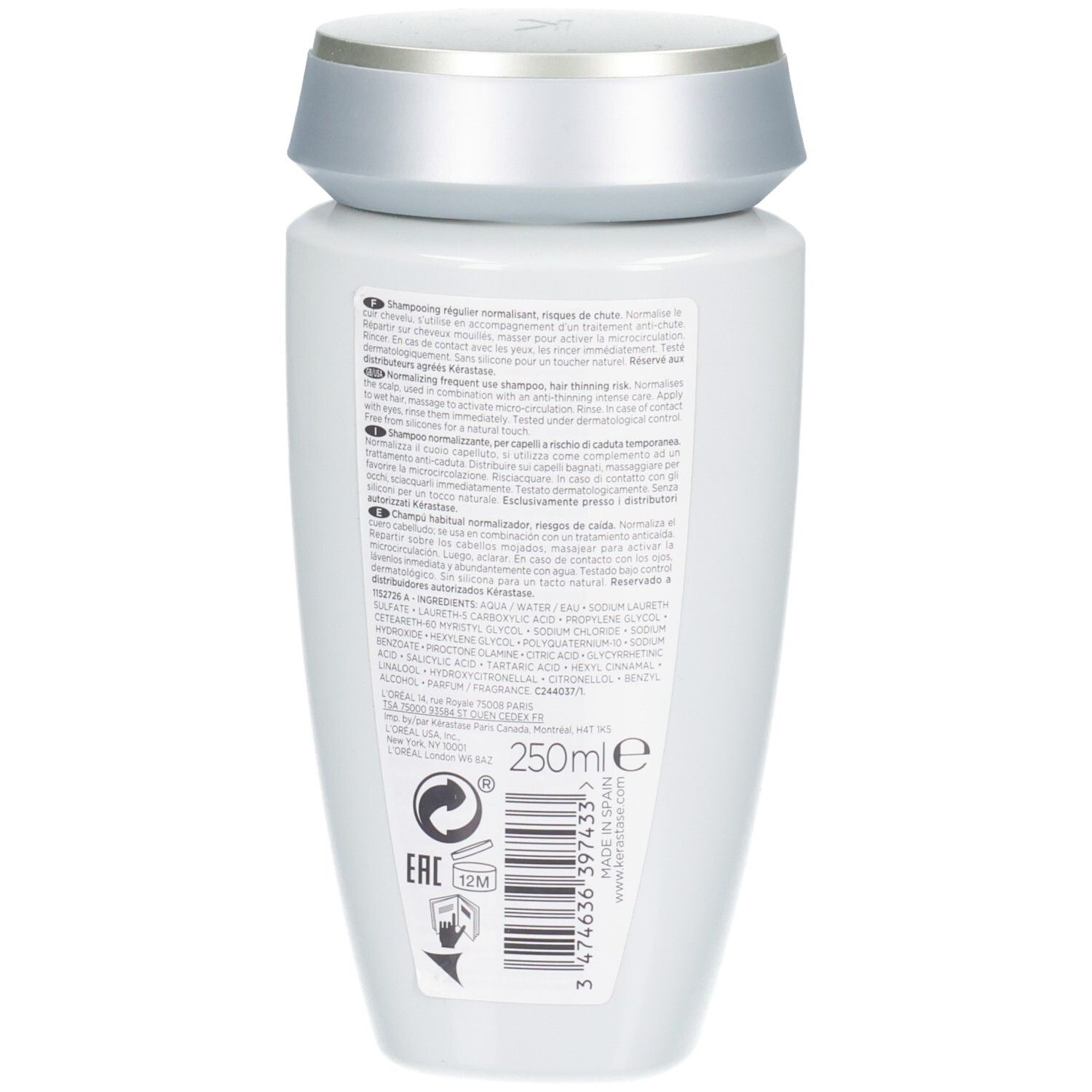 Achterkant Kérastase Specifique Bain Prévention Shampoo, 250ml. Bevat ingrediëntenlijst en instructies.
