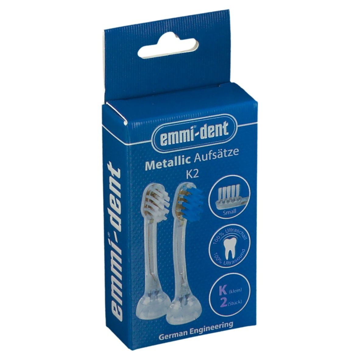 Verpakking met twee Emmi-Dent K2 opzetborstels. Blauwe en transparante kunststof onderdelen. Opschrift: Metallic Aufsätze, K2.
