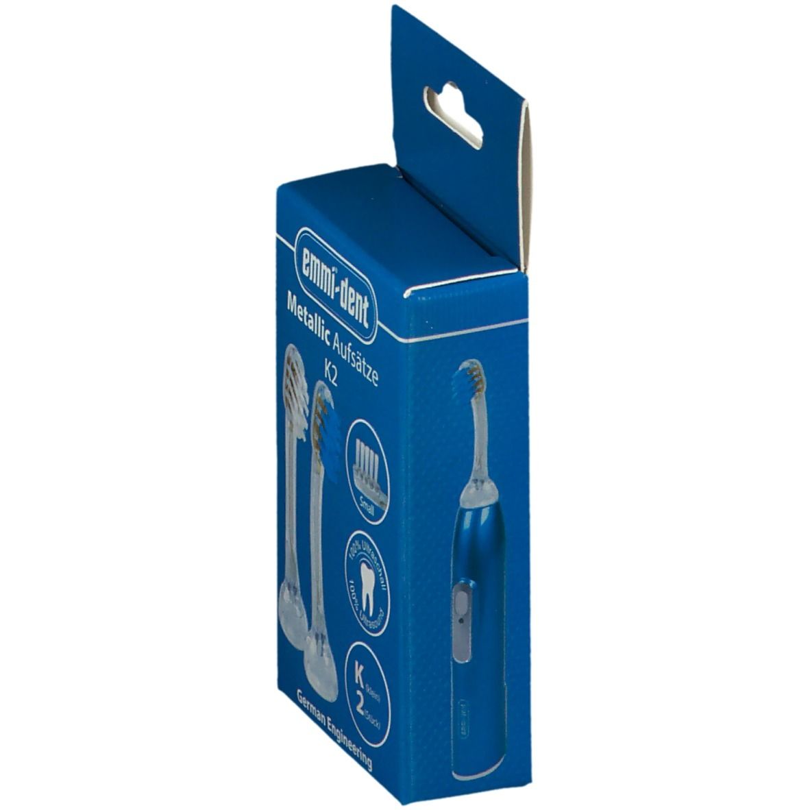 Blauwe verpakking met twee Emmi-Dent K2 opzetborstels. Zijaanzicht. Opschrift: Metallic Aufsätze, K2. Met tand symbool.