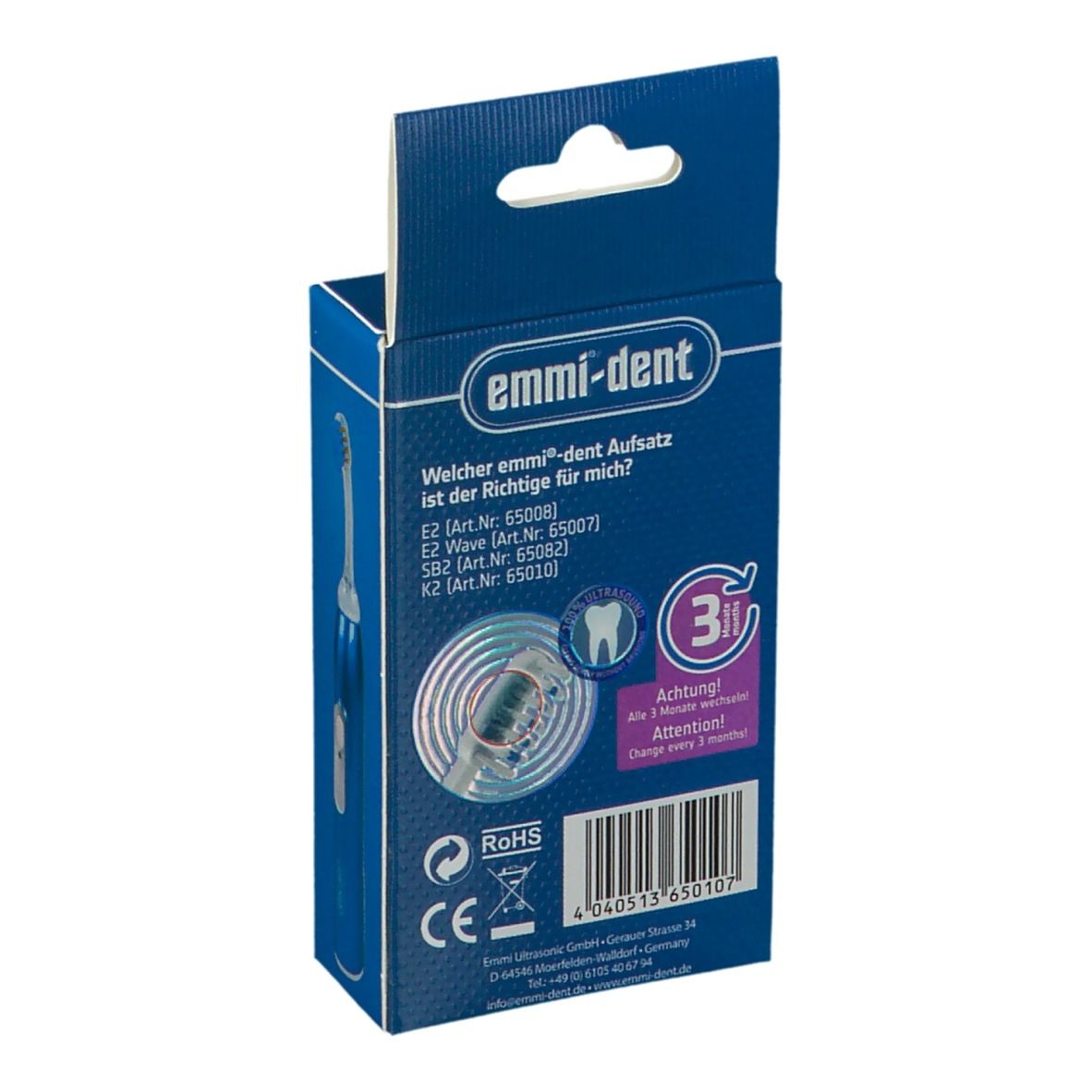 Achterkant van de blauwe verpakking met Emmi-Dent K2 opzetborstels. Informatie over de opzetborstels. CE-markering en RoHS-logo.