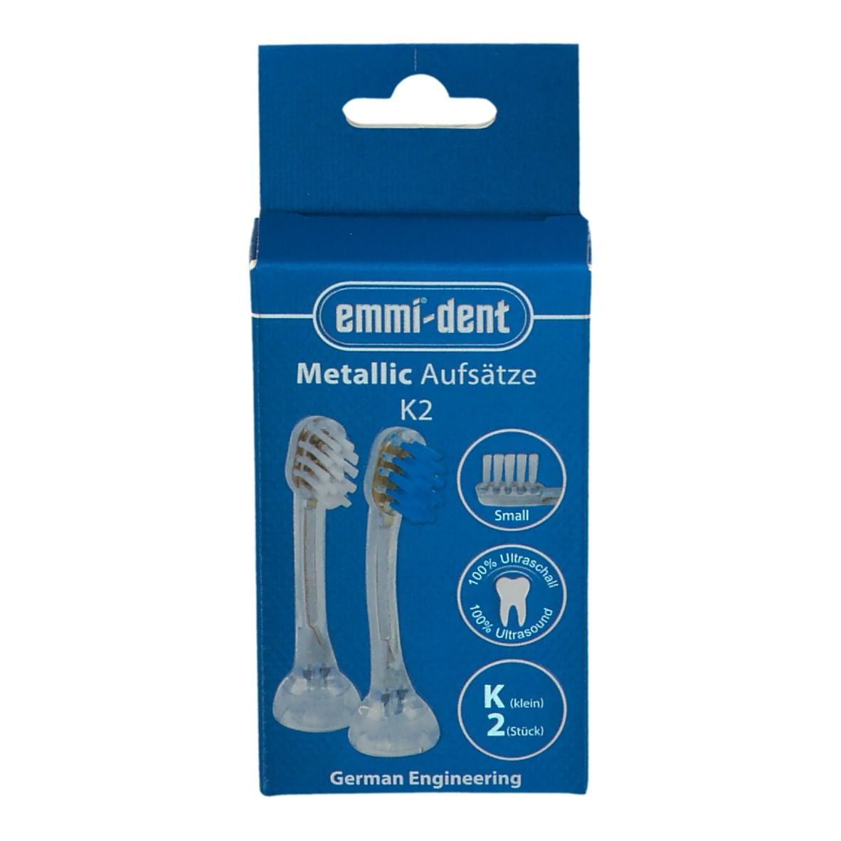 Verpakking met twee Emmi-Dent K2 opzetborstels. Blauwe en transparante kunststof onderdelen. Opschrift: Metallic Aufsätze, K2.