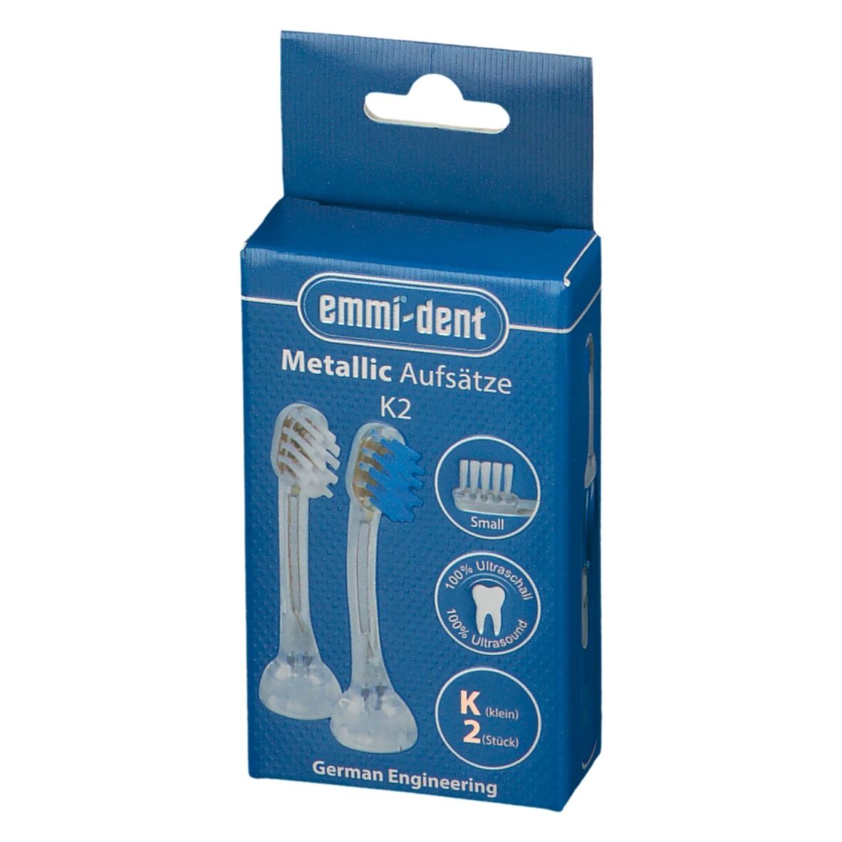 Verpakking met twee Emmi-Dent K2 opzetborstels. Blauwe en transparante kunststof onderdelen. Opschrift: Metallic Aufsätze, K2.