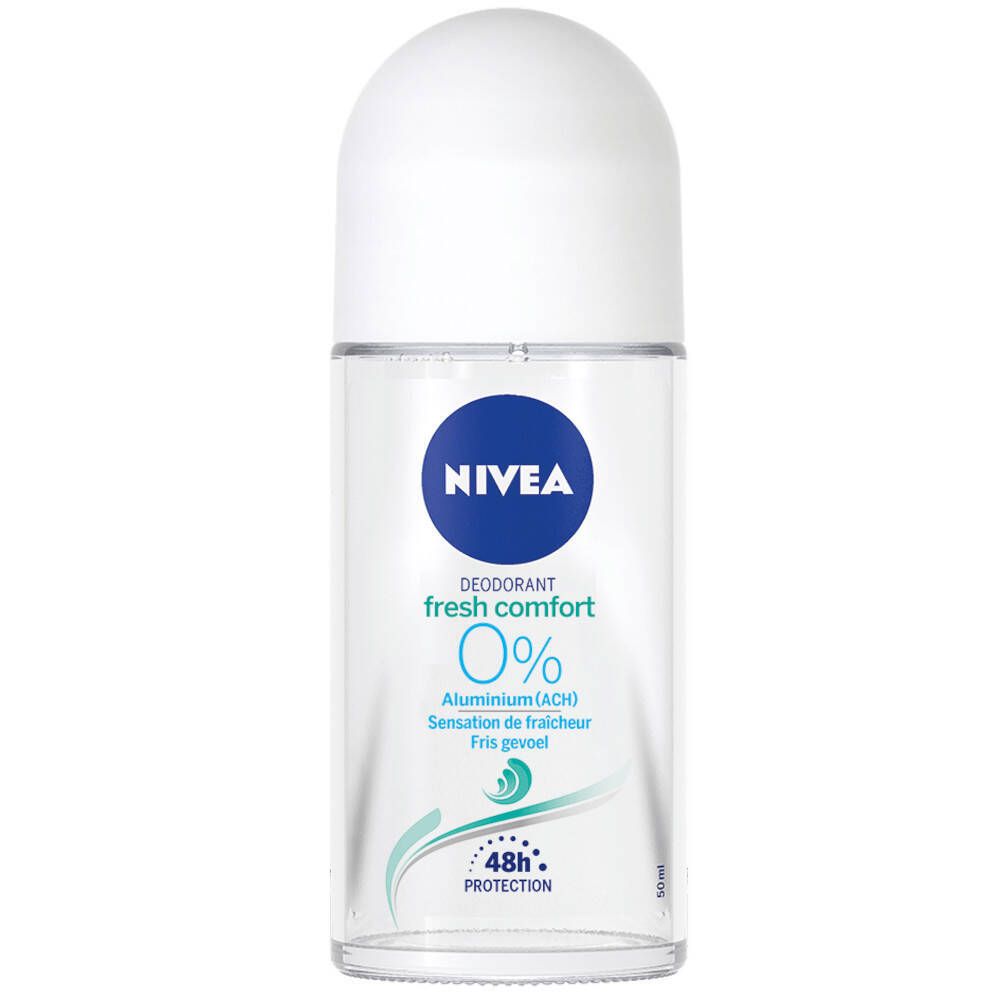 NIVEA Fresh Comfort Roll-On. Deodorant met witte dop en blauw logo. 0% aluminium. 48u bescherming.