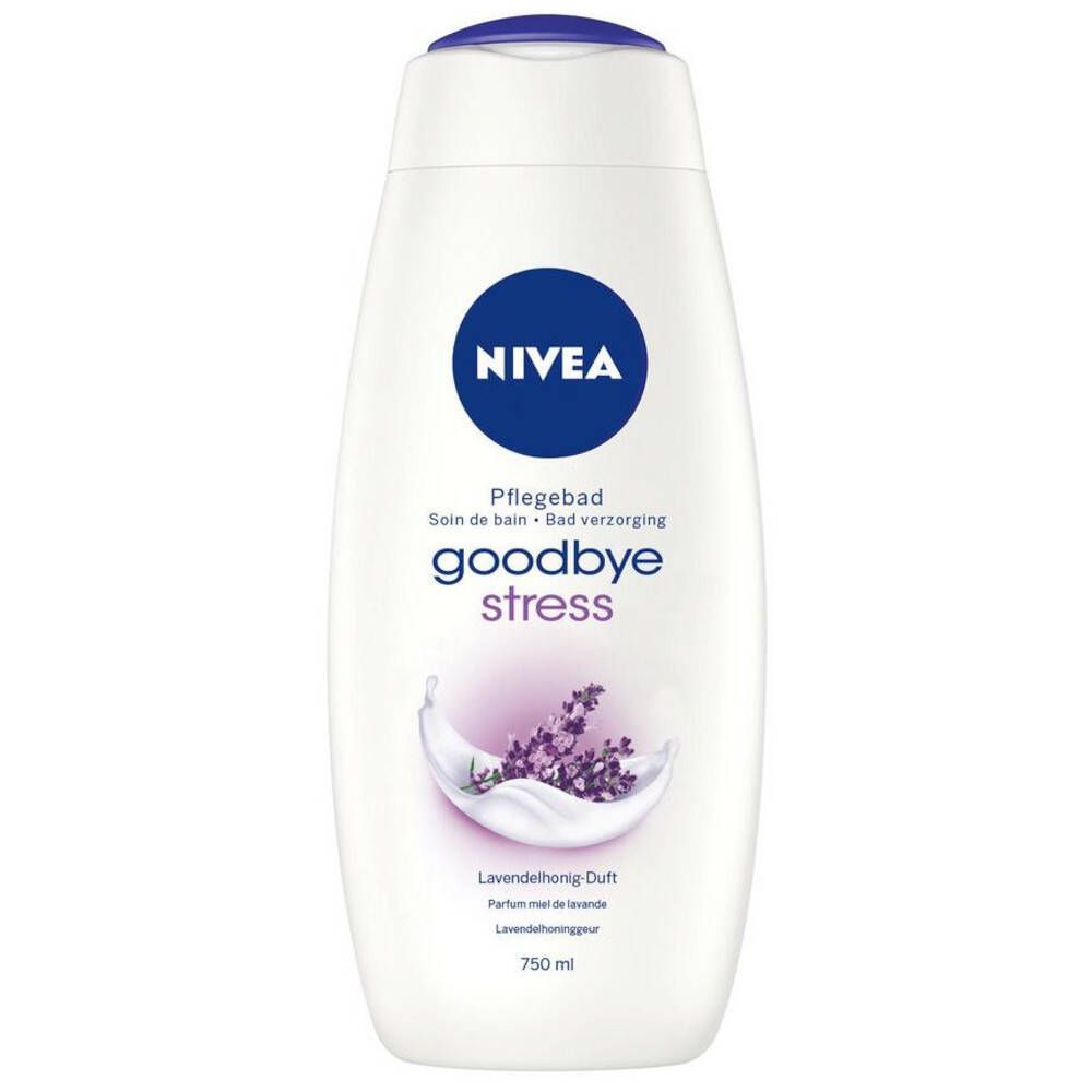 Witte fles met blauwe dop en NIVEA-logo. Opschrift: Pflegebad Goodbye Stress. Lavendel illustratie.