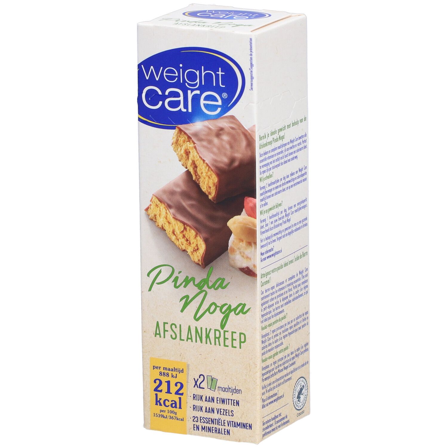 Verpakking van Weight Care® afslankreep. Afgebeeld zijn twee repen met nougat en pinda. Opschriften: Pinda Noga, Afslankreep.