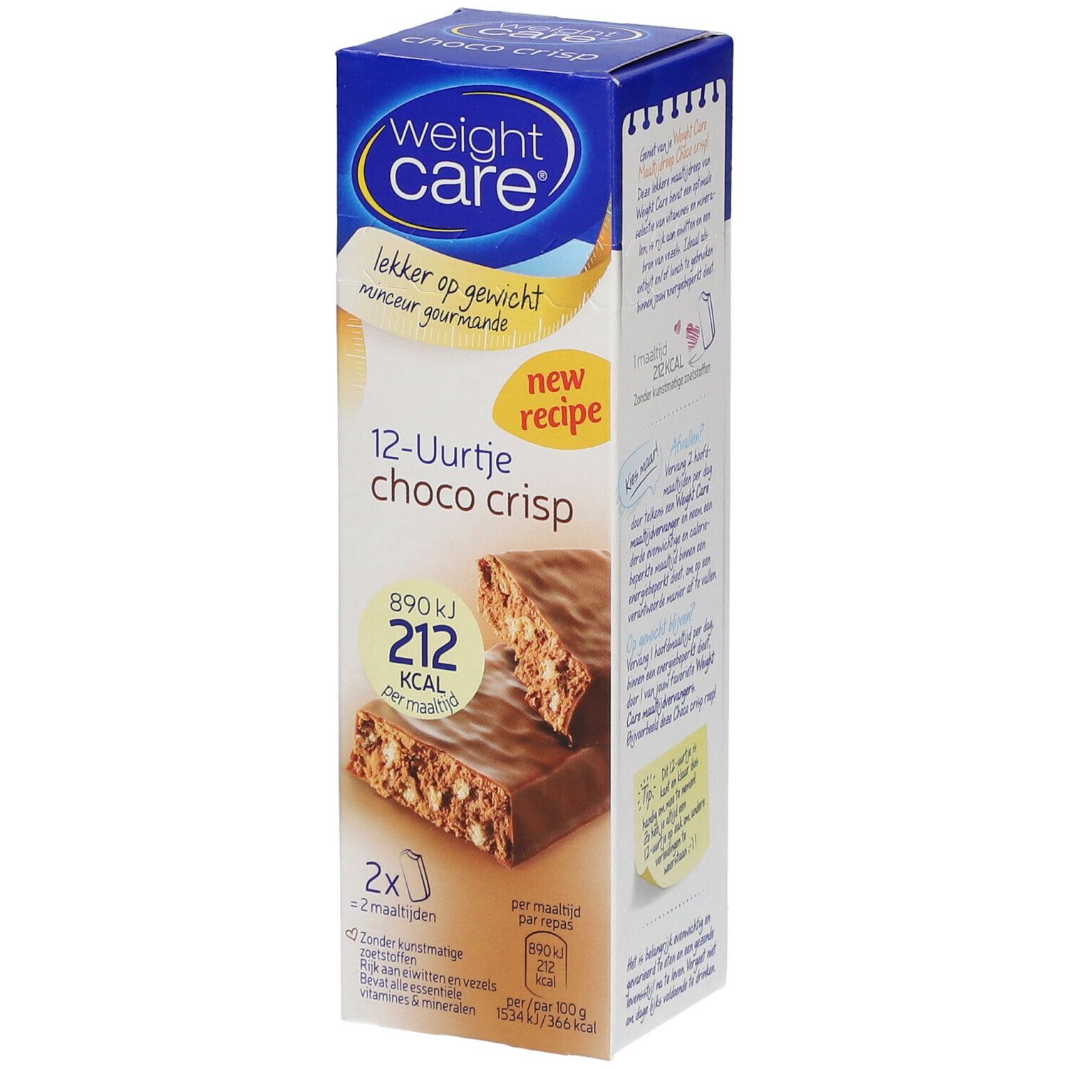 Verpakking Weight Care Choco Crisp. Opschrift: 12-Uurtje choco crisp, 212 kcal per reep. Afgebeeld zijn twee repen.