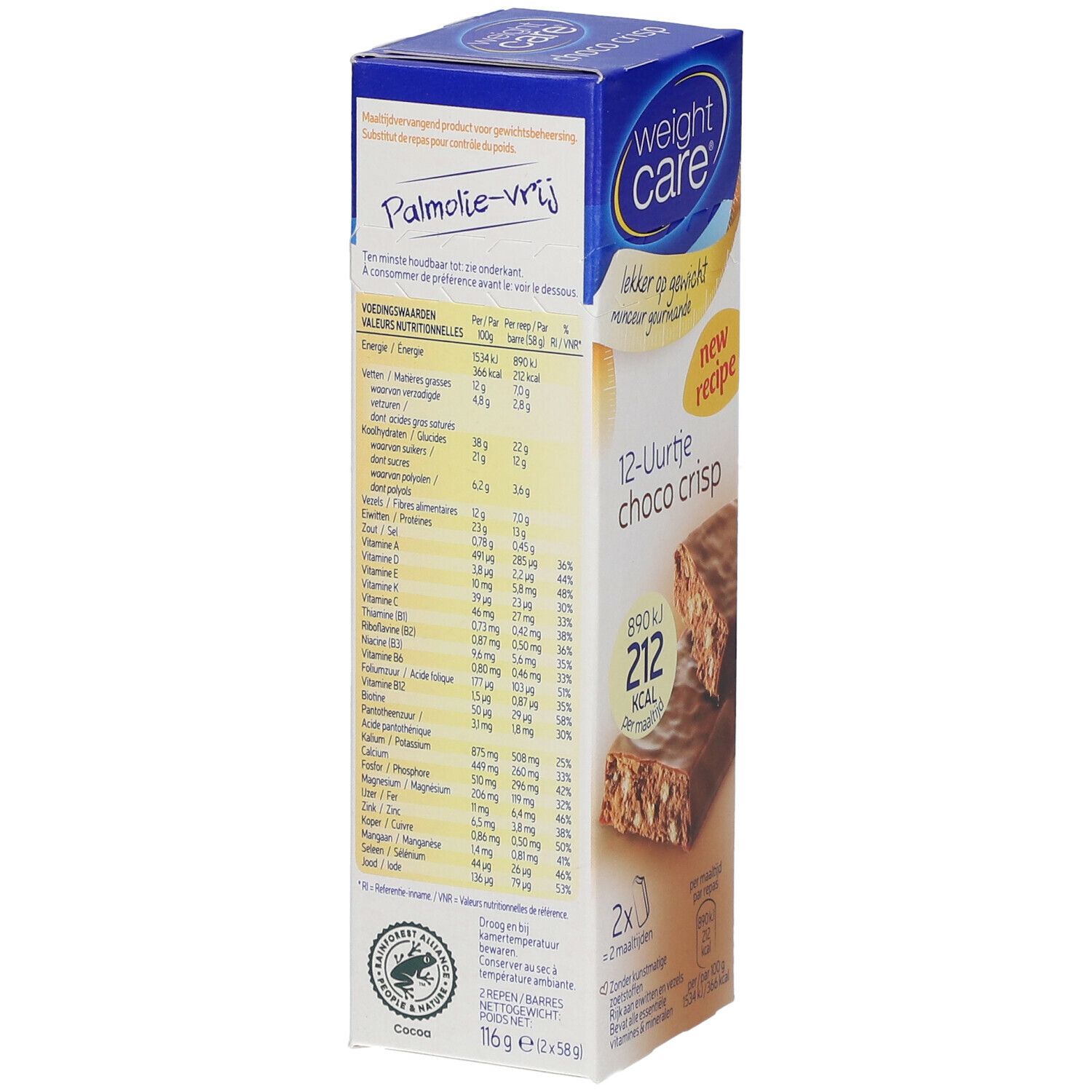 Achterkant verpakking Weight Care Choco Crisp. Bevat voedingswaarde-informatie en het palmolievrij logo. Tekst in het Nederlands.
