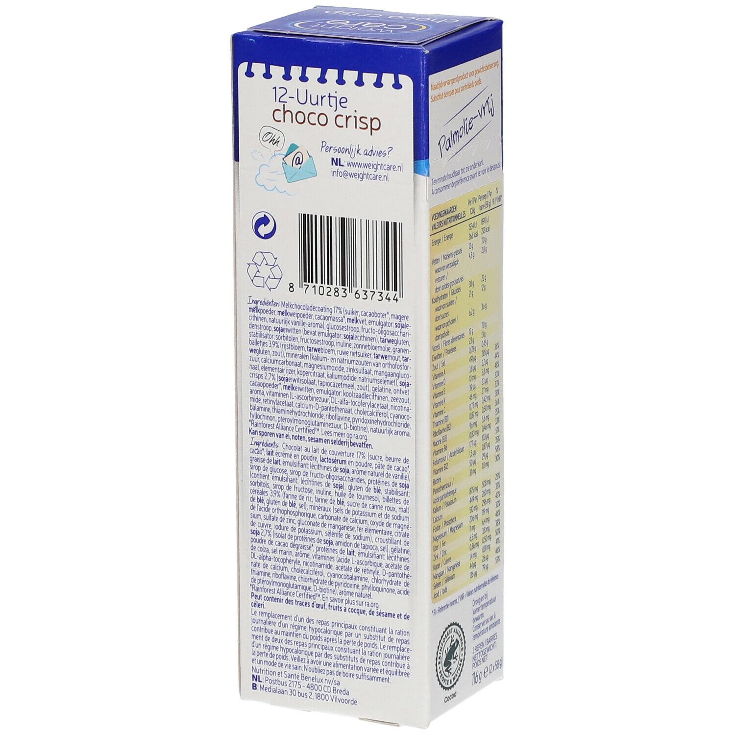 Zijkant verpakking Weight Care Choco Crisp. Bevat tekst, barcode en recycling symbool. Tekst in het Nederlands.