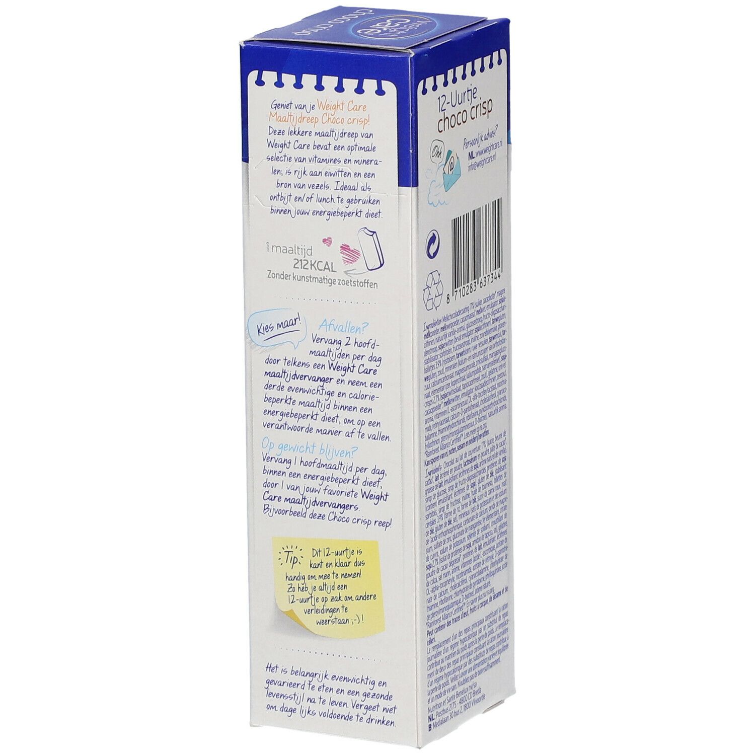 Zijkant verpakking Weight Care Choco Crisp. Bevat tekst in het Nederlands. Geel post-it symbool.