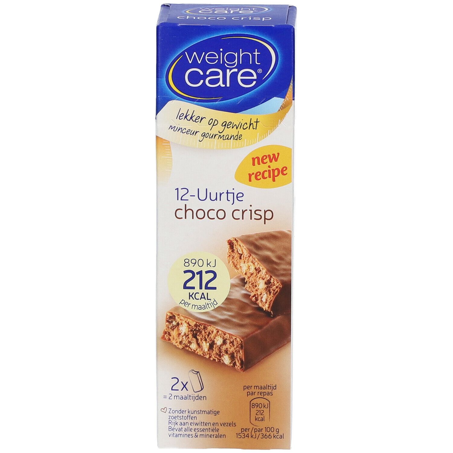 Voorkant verpakking Weight Care Choco Crisp. Opschrift: 12-Uurtje choco crisp, 212 kcal per reep. Afgebeeld zijn twee repen.