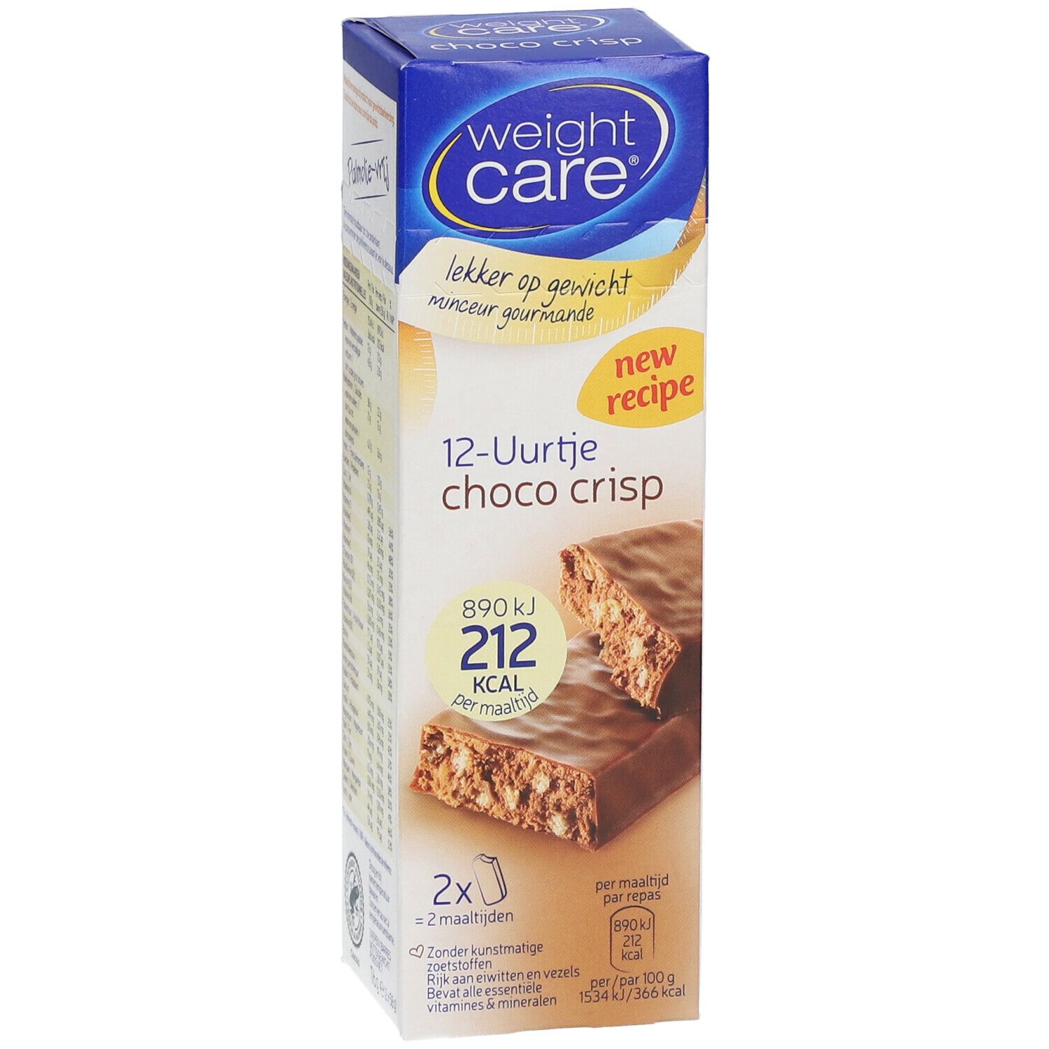 Voorkant verpakking Weight Care Choco Crisp. Opschrift: 12-Uurtje choco crisp, 212 kcal per reep. Afgebeeld zijn twee repen.