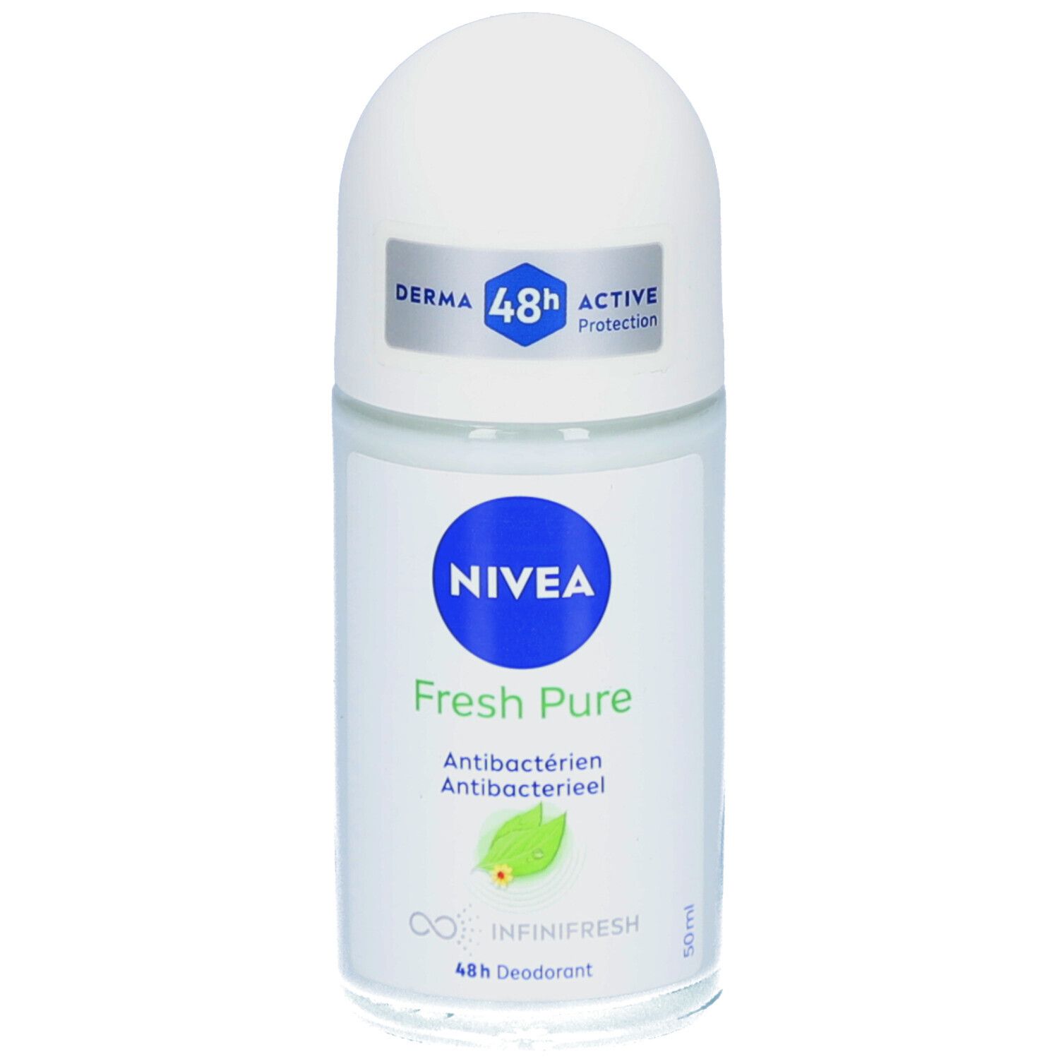 NIVEA® Fresh Pure Roll-On. Witte dop, transparante fles. Blauw logo, groene bladeren. 0% Aluminium (ACH).