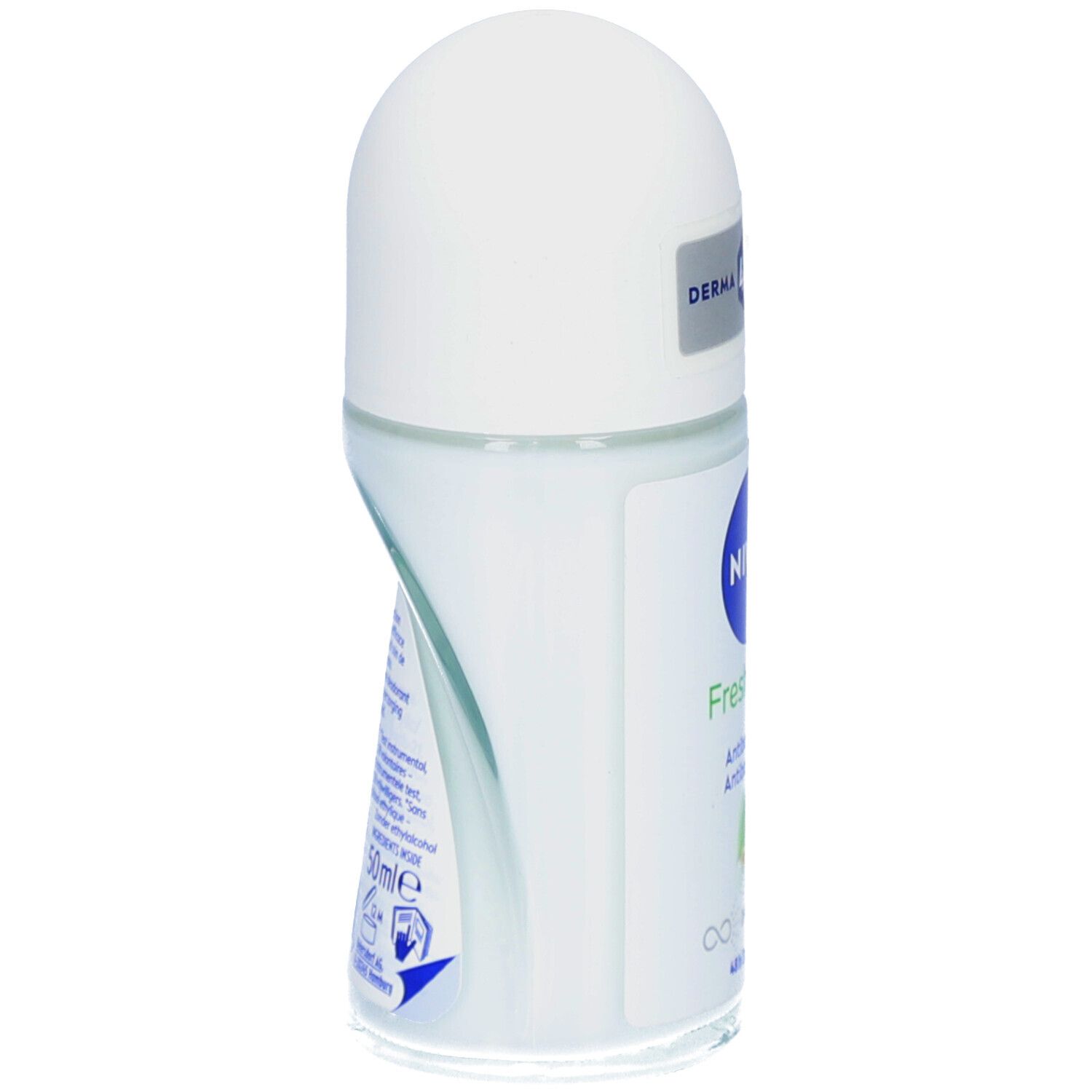 NIVEA® Fresh Pure Roll-On, zijaanzicht. Witte dop, transparante fles. Streepjescode en tekst op de zijkant.