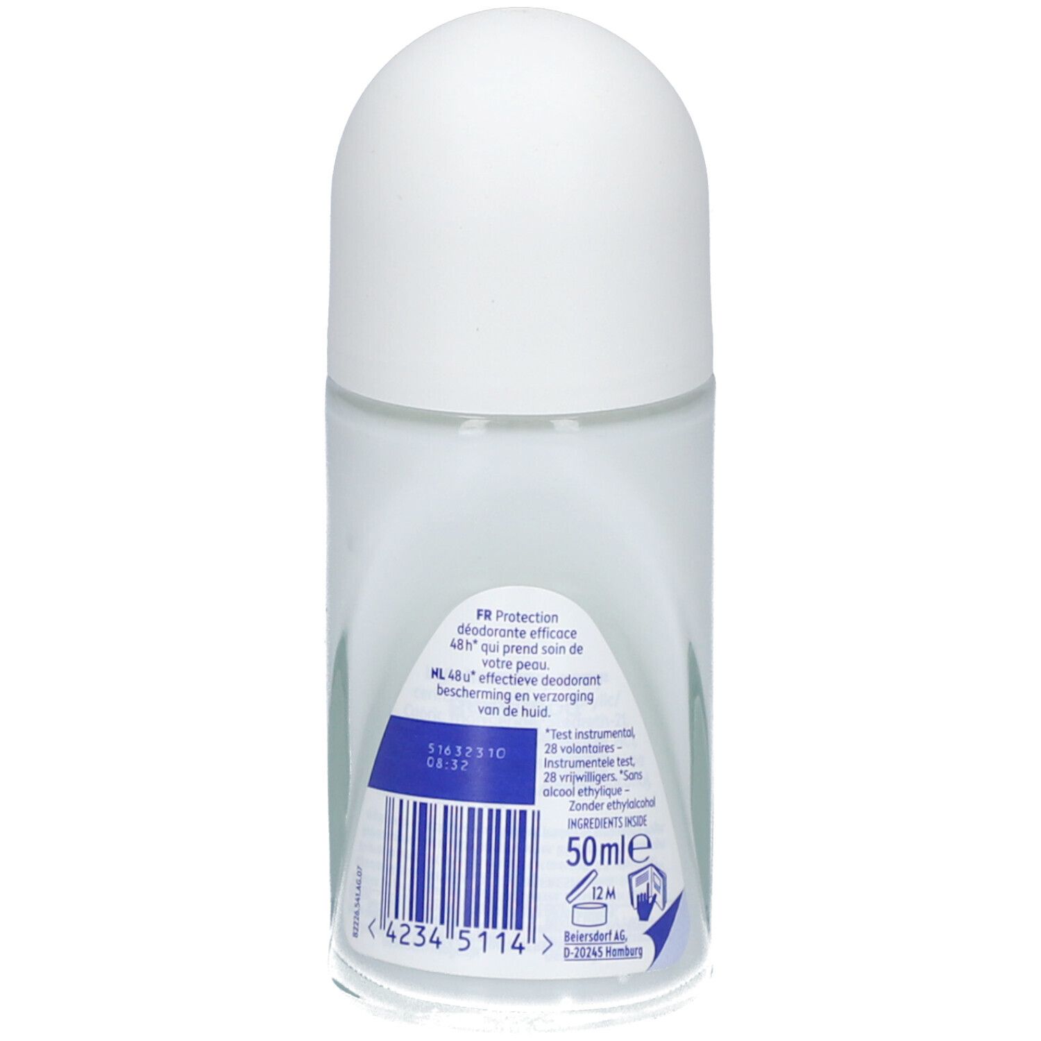 NIVEA® Fresh Pure Roll-On, achteraanzicht. Transparante fles met ingrediënten en 50ml-aanduiding. Streepjescode.