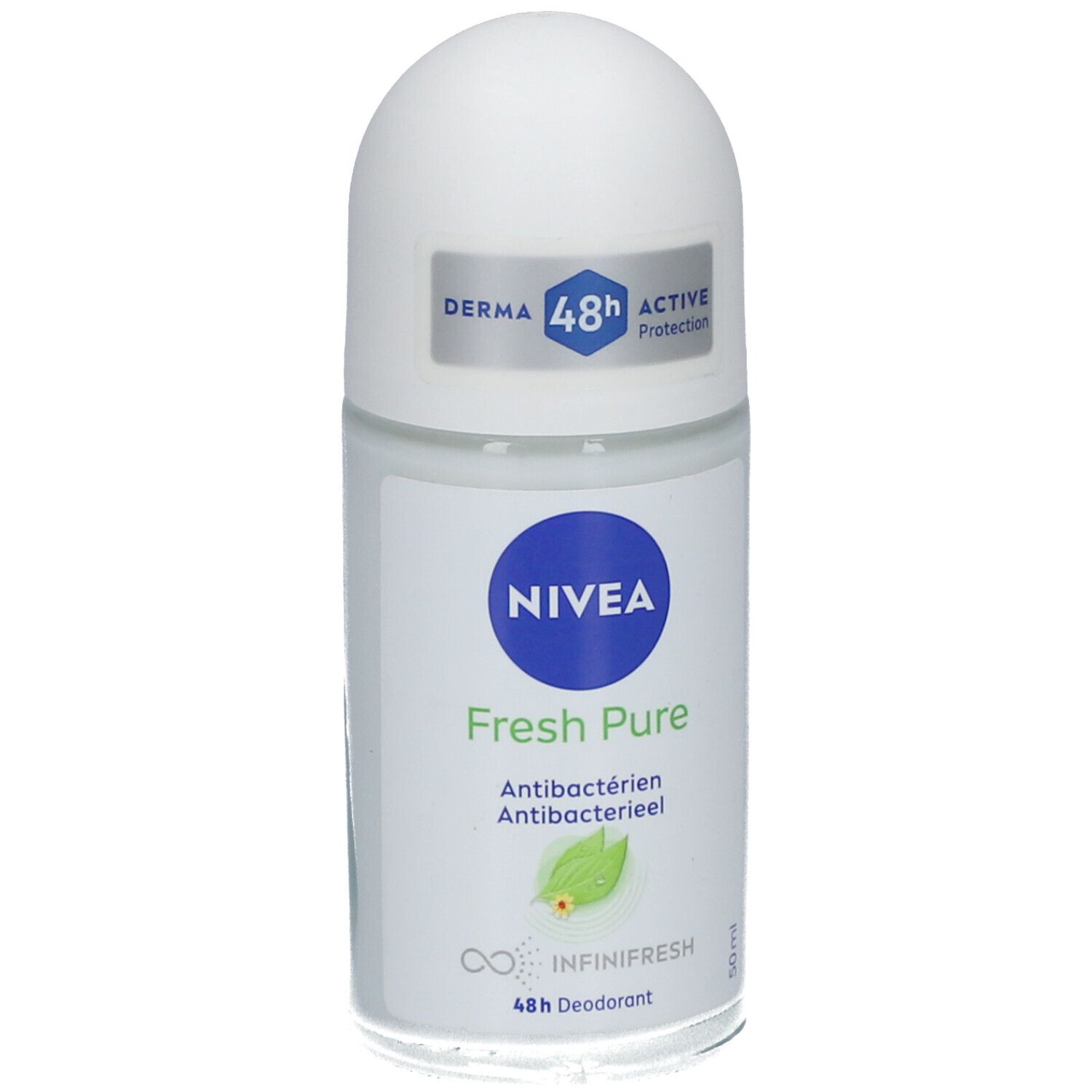 NIVEA® Fresh Pure Roll-On. Witte dop, transparante fles. Logo, tekst: Antibacterieel, 48h Deodorant.