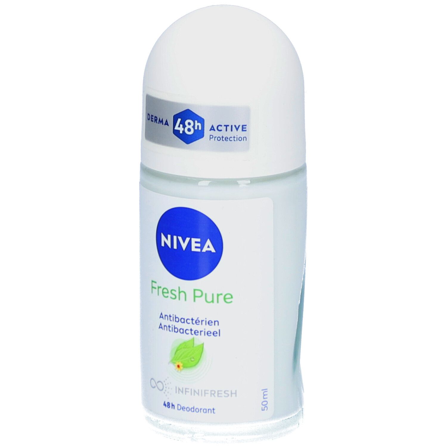 NIVEA® Fresh Pure Roll-On. Witte dop, transparante fles. Blauw logo, groene bladeren. 0% Aluminium (ACH).