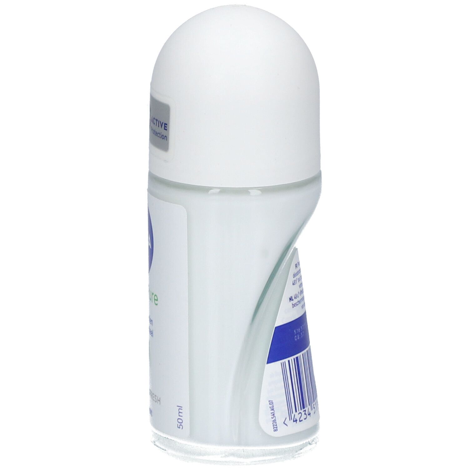 NIVEA® Fresh Pure Roll-On, zijaanzicht. Witte dop, transparante fles. 50ml-aanduiding en streepjescode.