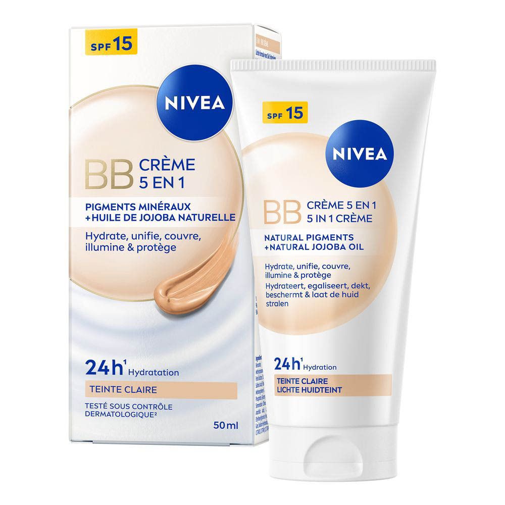 NIVEA BB Cream tube, 50ml, SPF 15, lichte huidskleur, met jojoba-olie en minerale pigmenten.