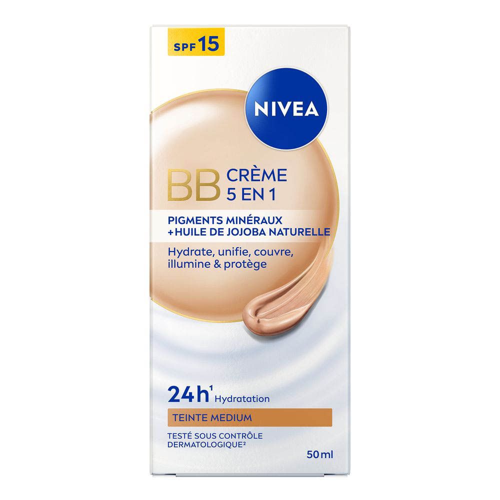Zijde van de NIVEA BB Crème 5-in-1 Medium verpakking met ingrediënten en gebruiksinstructies.