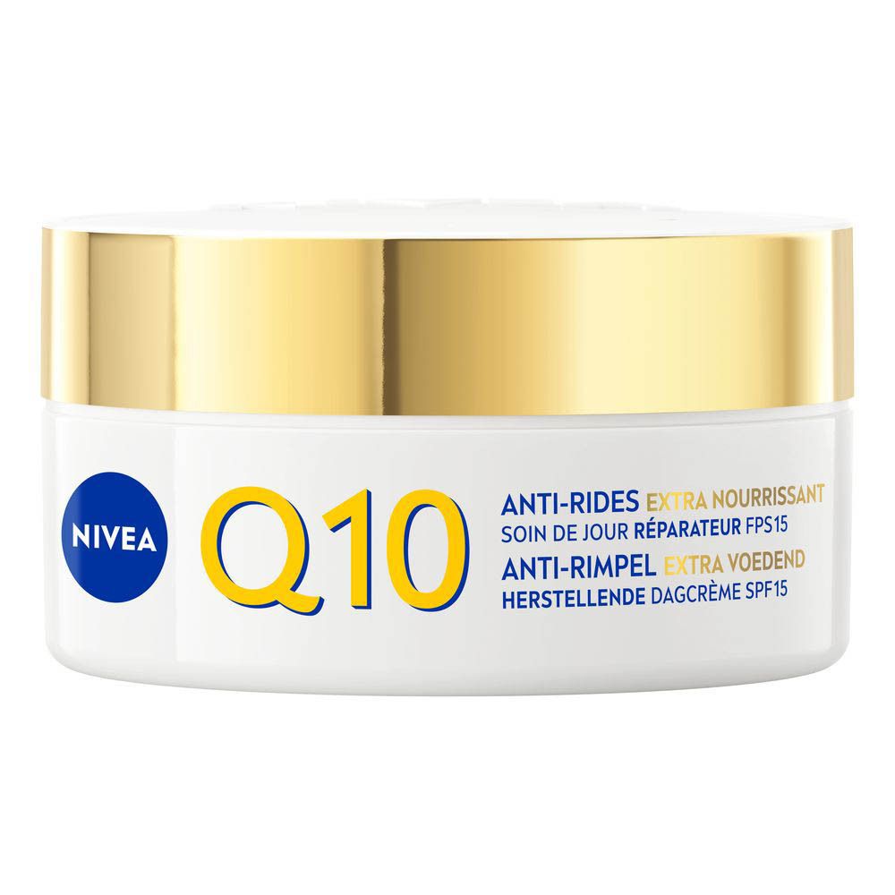 Pot Nivea Q10 Power avec capuchon doré et logo Nivea.