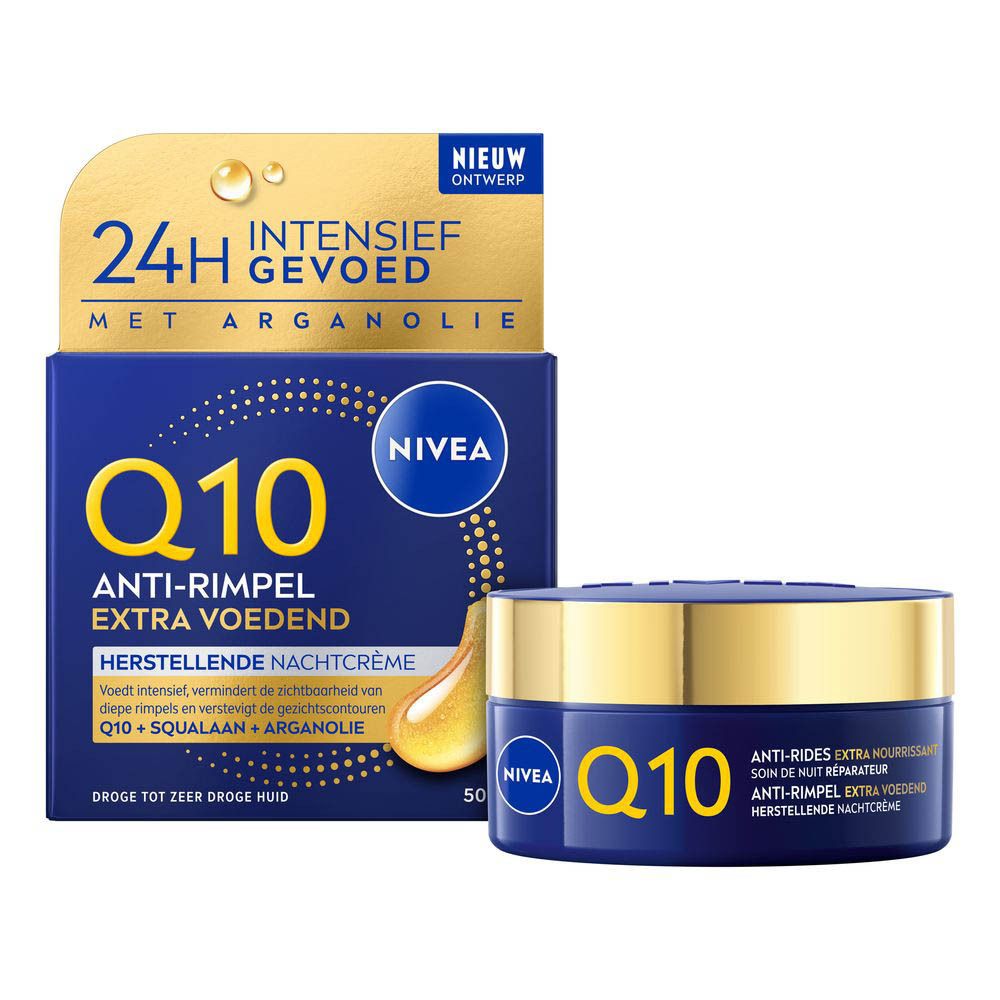 NIVEA Q10 Anti-rimpel nachtcrème in een donkerblauwe pot met gouden deksel.