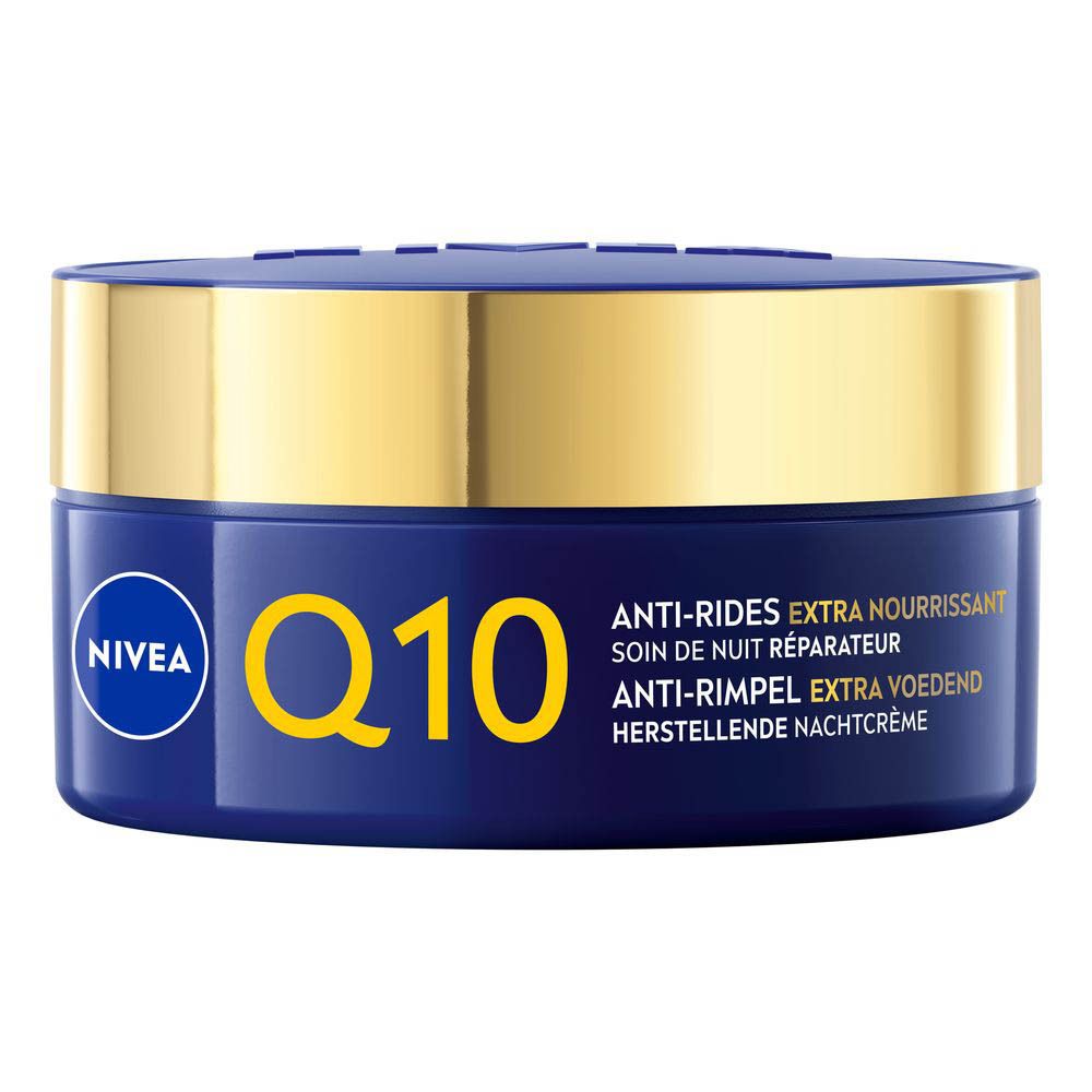 Zijaanzicht van de NIVEA Q10 nachtcrème pot met 50ml vermelding en informatie van de fabrikant.