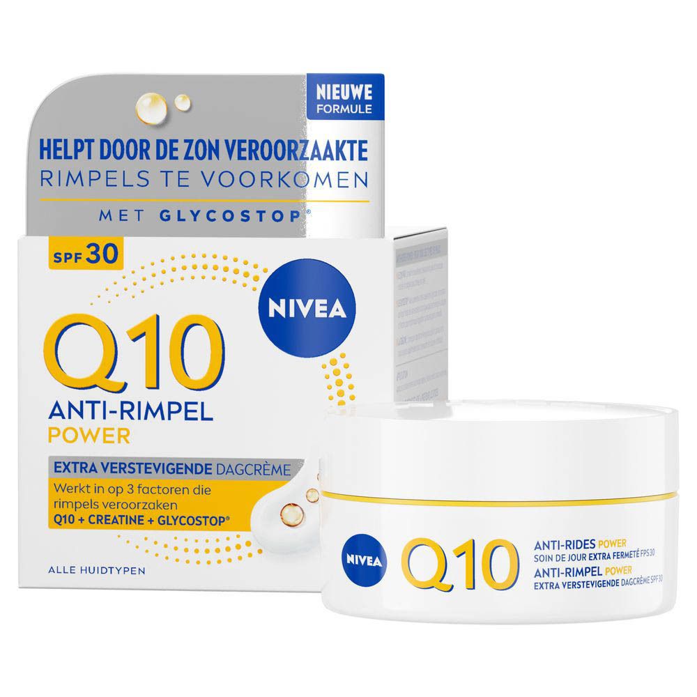 Doos NIVEA Q10 Power Anti-rimpel Dagcrème SPF30 met productvoordelen.