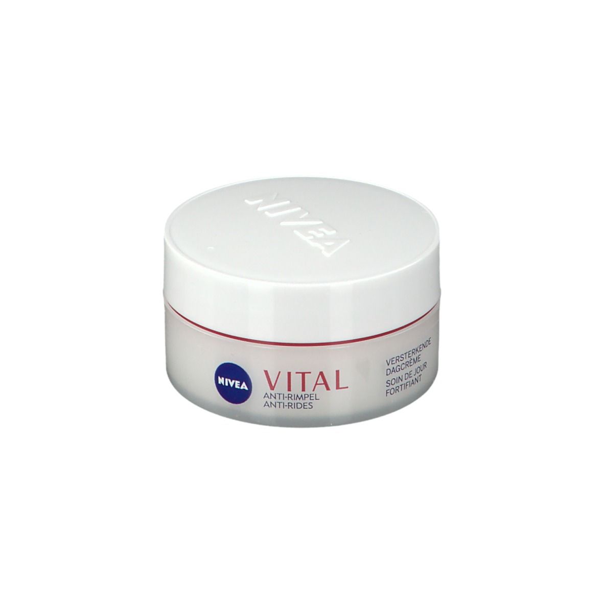 Crèmepot met witte deksel en rode streep. Opschrift: NIVEA, VITAL, Anti-rimpel, Dagcrème.