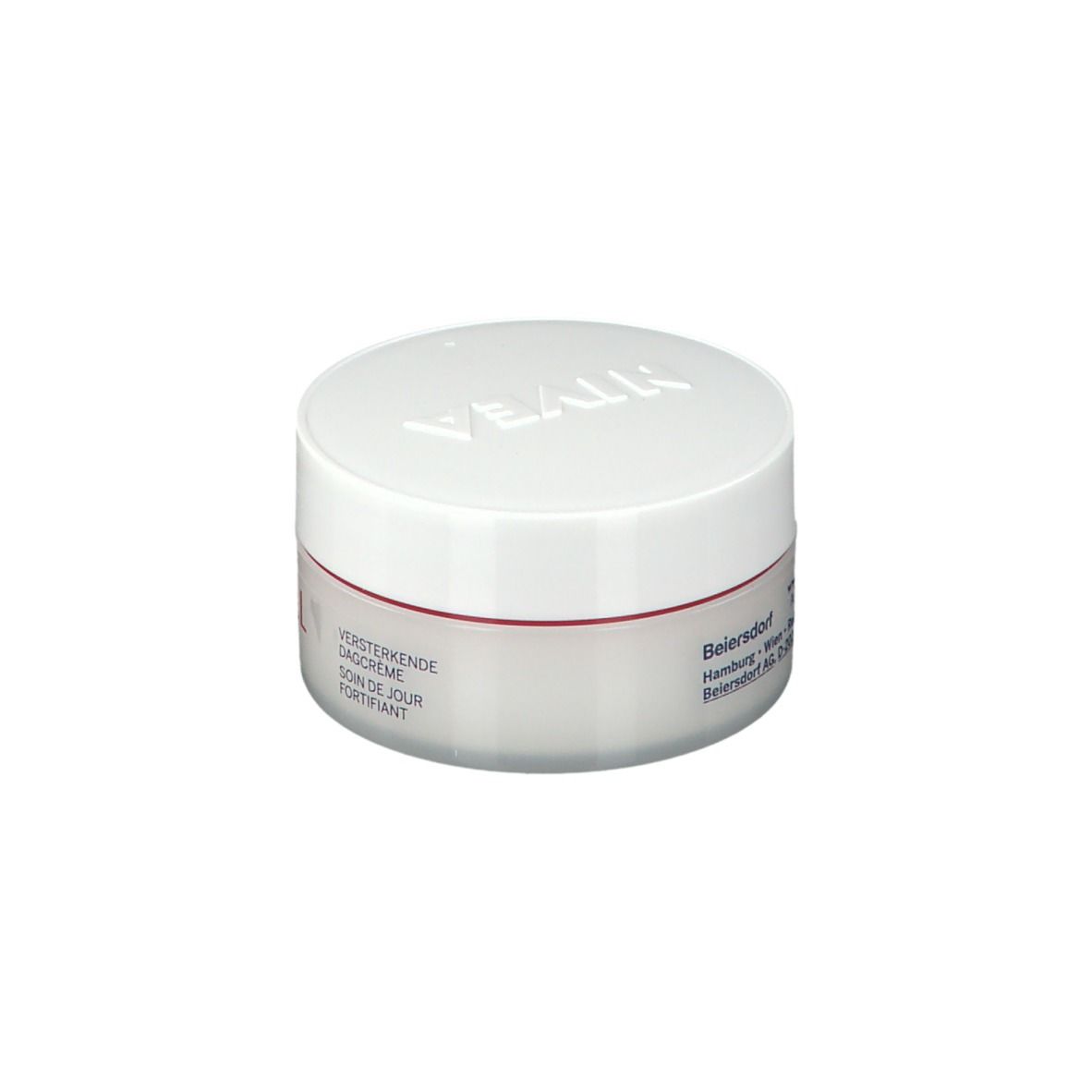 Crèmepot met witte deksel en rode streep. Opschrift: NIVEA, VITAL, Anti-rimpel, Dagcrème.