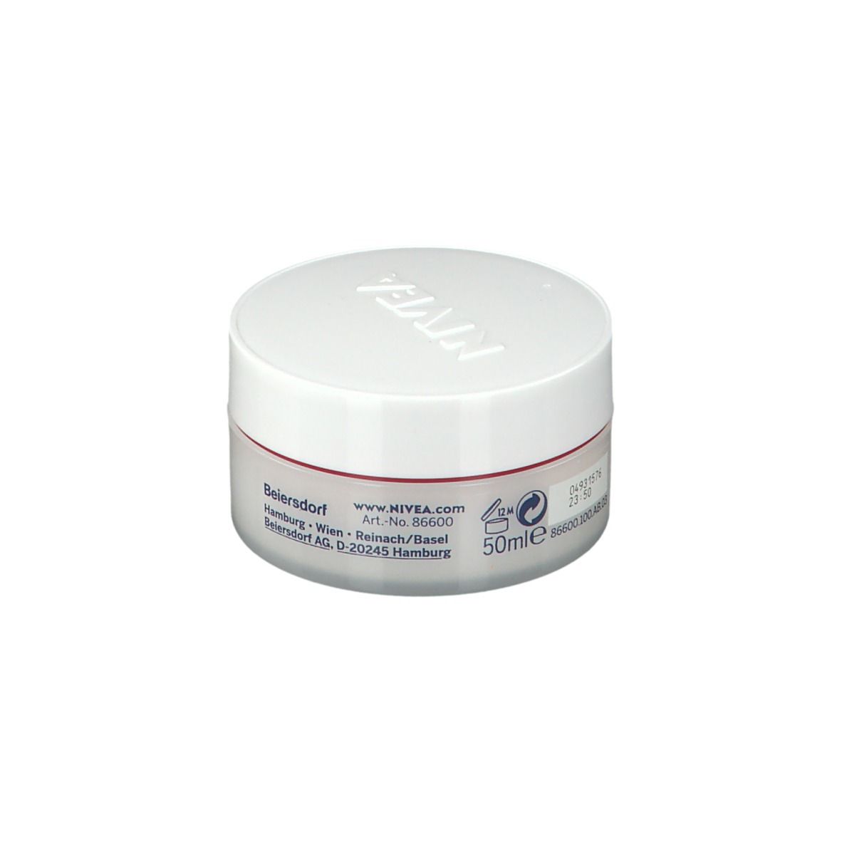 Crèmepot met witte deksel en rode streep. Opschrift: NIVEA, VITAL, Anti-rimpel, Dagcrème.