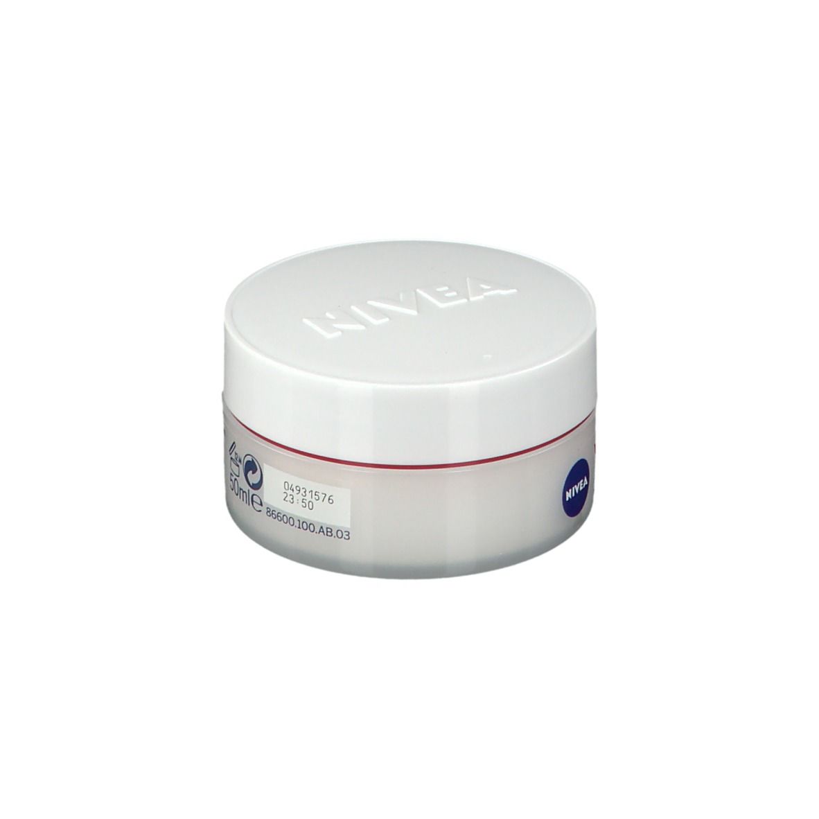 Crèmepot met witte deksel en rode streep. Opschrift: NIVEA, VITAL, Anti-rimpel, Dagcrème.