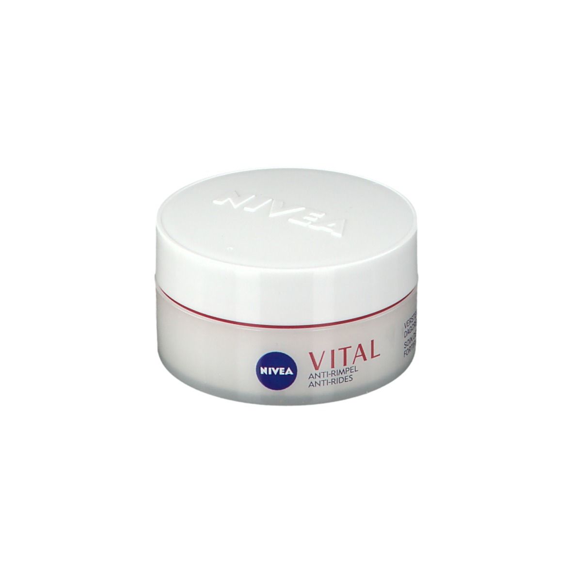 Crèmepot met witte deksel en rode streep. Opschrift: NIVEA, VITAL, Anti-rimpel, Dagcrème.