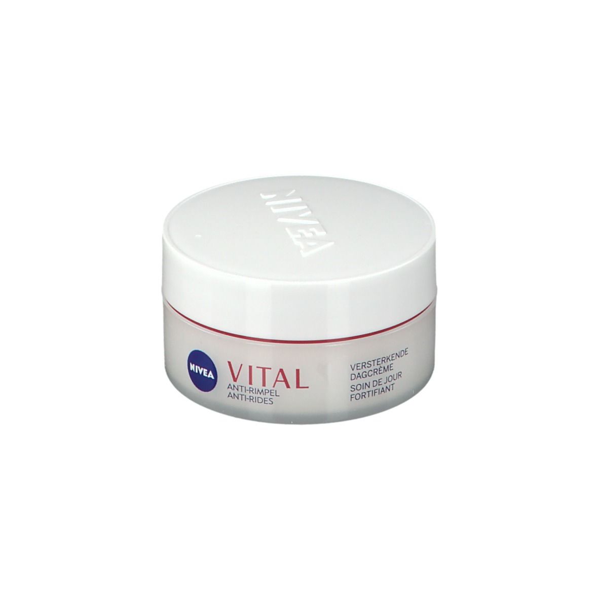 Crèmepot met witte deksel en rode streep. Opschrift: NIVEA, VITAL, Anti-rimpel, Dagcrème.