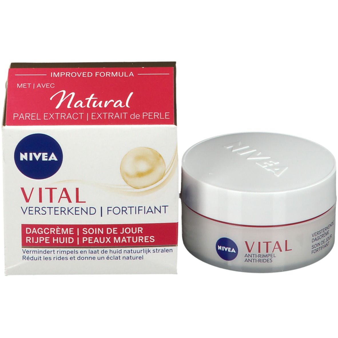 Crèmepot en verpakking. Pot: witte deksel, rode streep. Verpakking: rood-wit, opschrift: NIVEA VITAL.