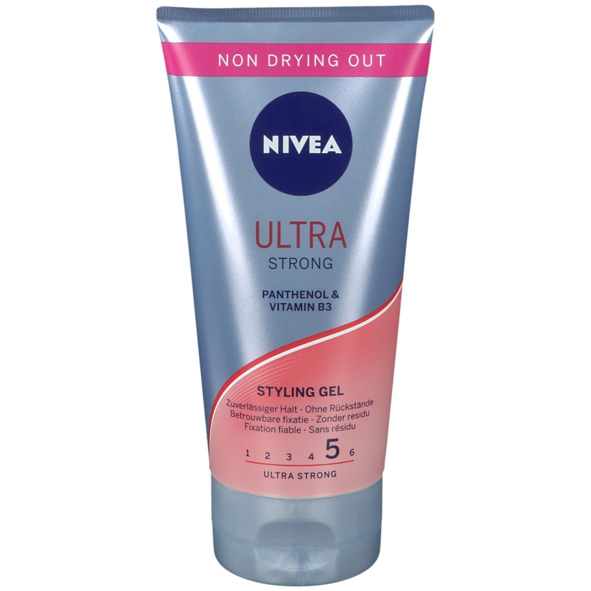 NIVEA Ultra Strong styling gel tube. Bevat panthenol & vitamine B3. Kleurovergang van grijs naar roze. Met nummer 5.