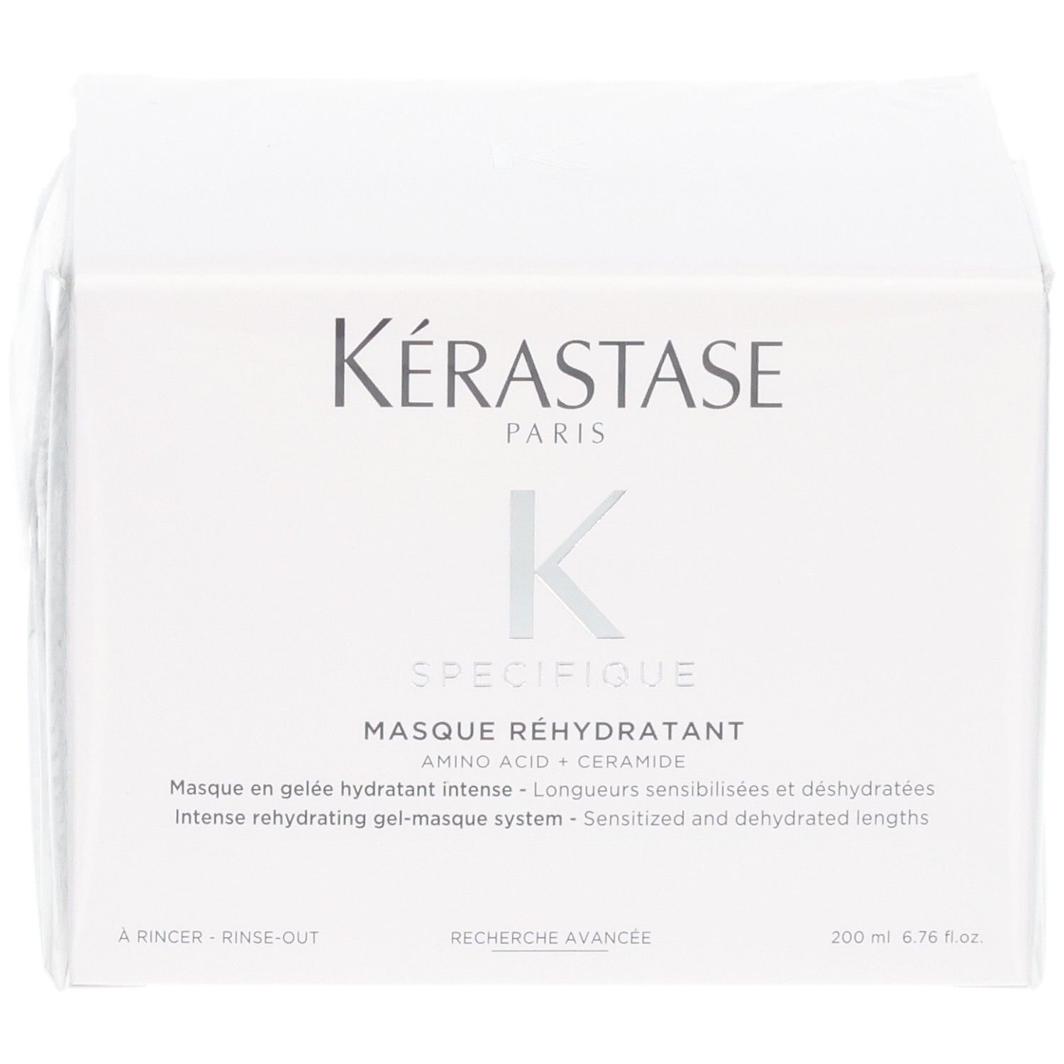 Voorkant van de Kérastase Masque Réhydratant verpakking. Toont merk, productnaam en volume.