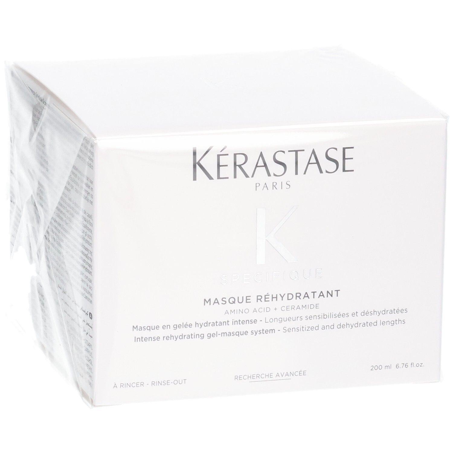 Kérastase Masque Réhydratant verpakking, licht schuin van voren. Duidelijke weergave van het ontwerp.