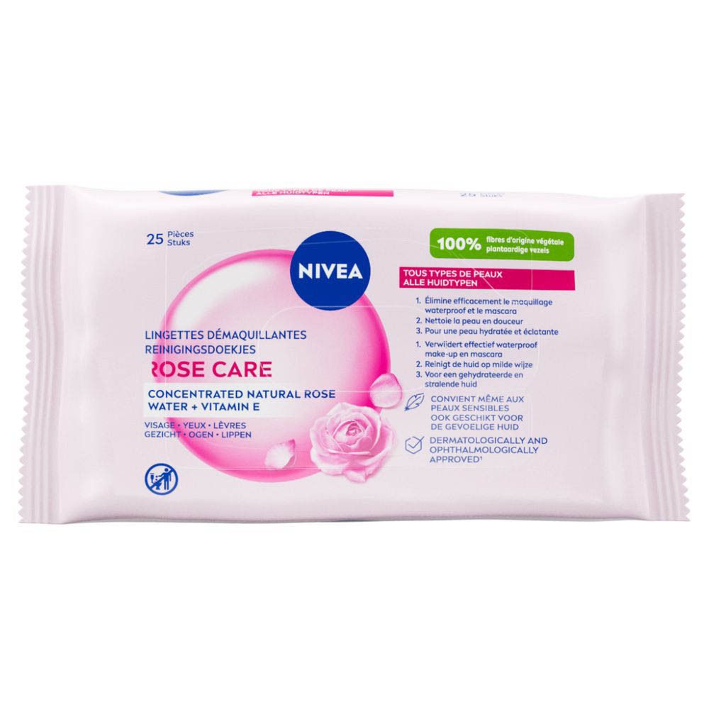 Pack de lingettes démaquillantes NIVEA Rose Care avec pétales de rose et texte français.