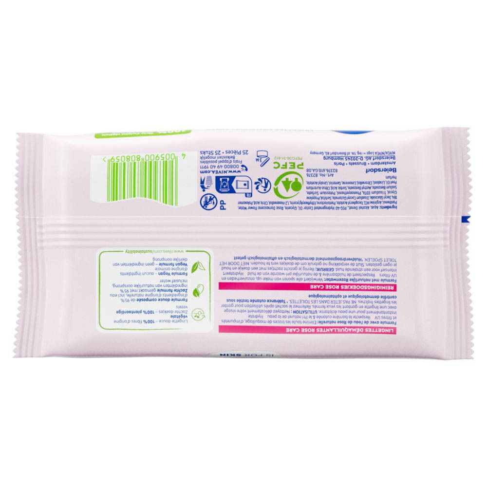 Dos d'un pack de lingettes démaquillantes NIVEA Rose Care avec informations en français.