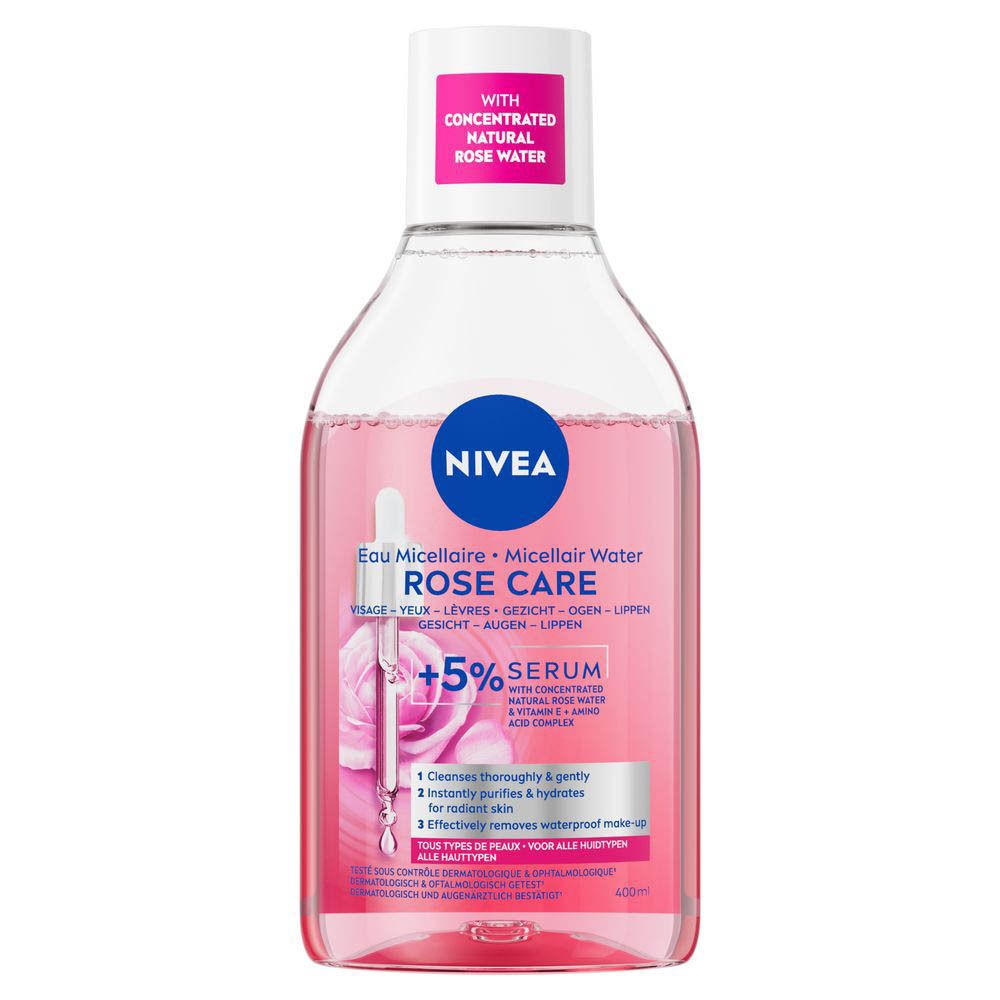 NIVEA Rose Care micellair rozenwater fles met etiket met rozenwater en serum.