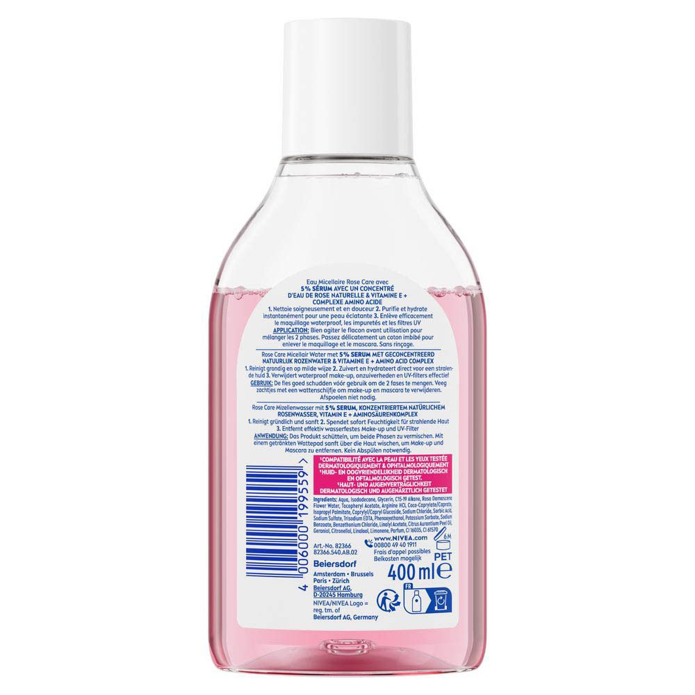 Achterkant van een NIVEA Rose Care micellair rozenwater fles met gebruiksinstructies.
