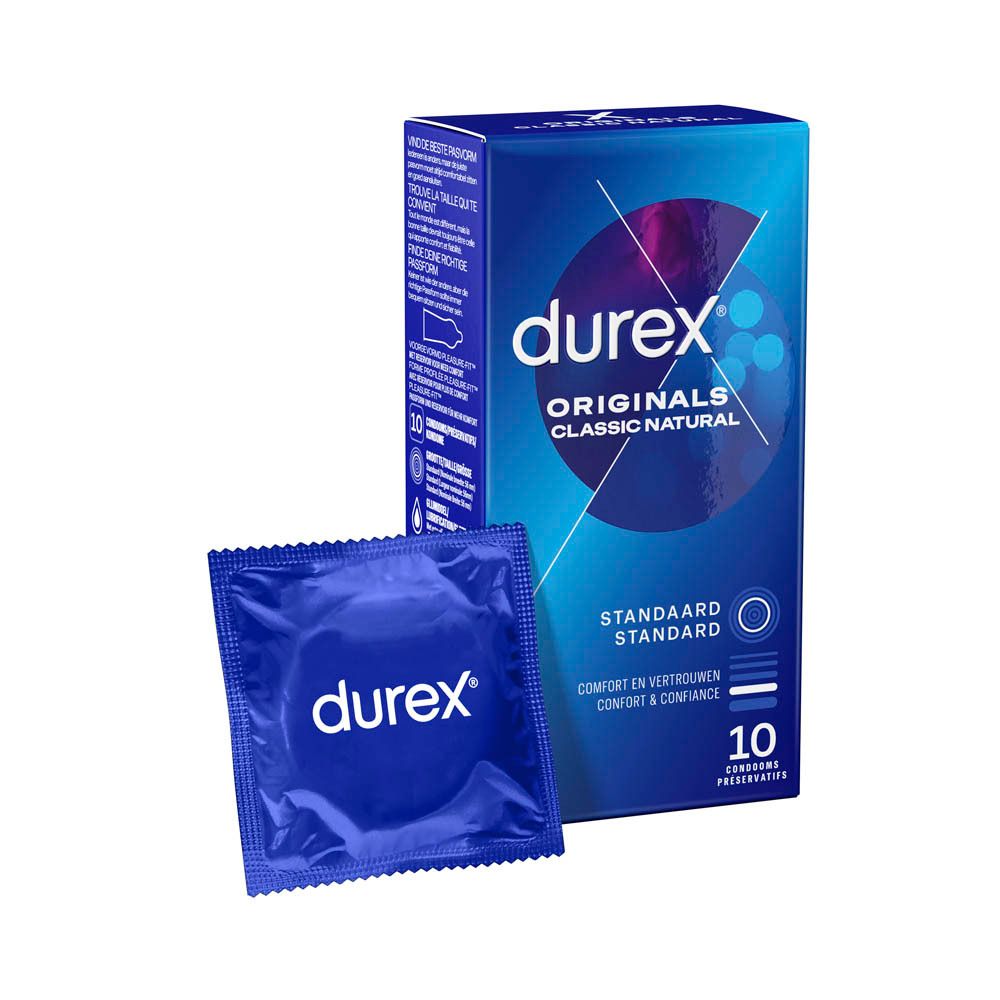Durex condoom in blauwe verpakking. Opschrift: Standaard. Bevat 10 condooms. Condoomverpakking ernaast.