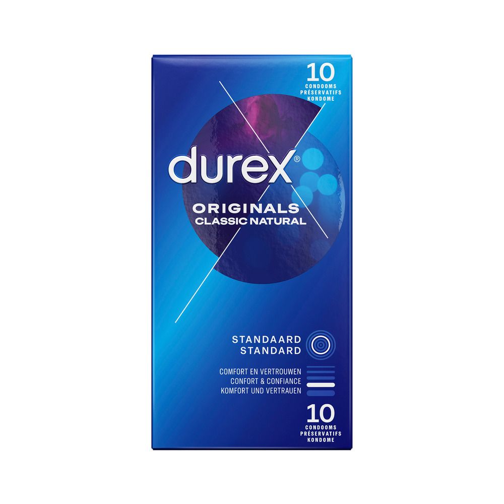 Boîte bleue avec "durex Originals Classic Natural". Inscription "10 préservatifs".