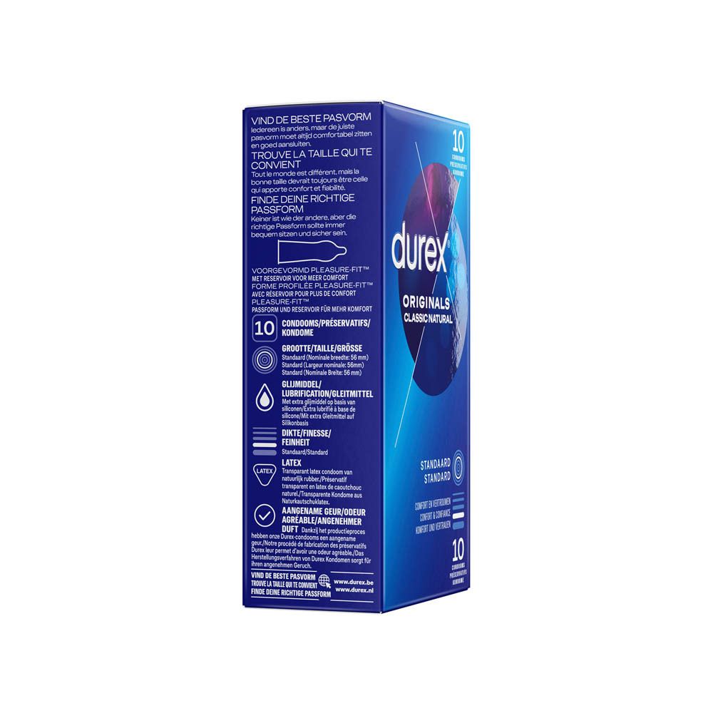 Blauwe Durex verpakking met tekst en info. Bevat 10 condooms. Details over maat, glijmiddel en dikte.