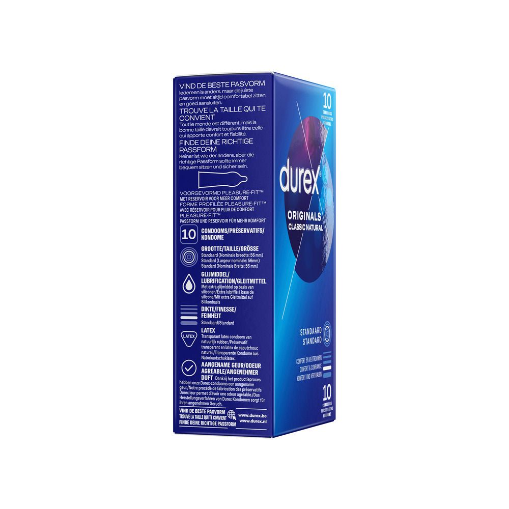 Boîte bleue avec "durex Originals Classic Natural". Inscription "10 préservatifs". Plusieurs textes.