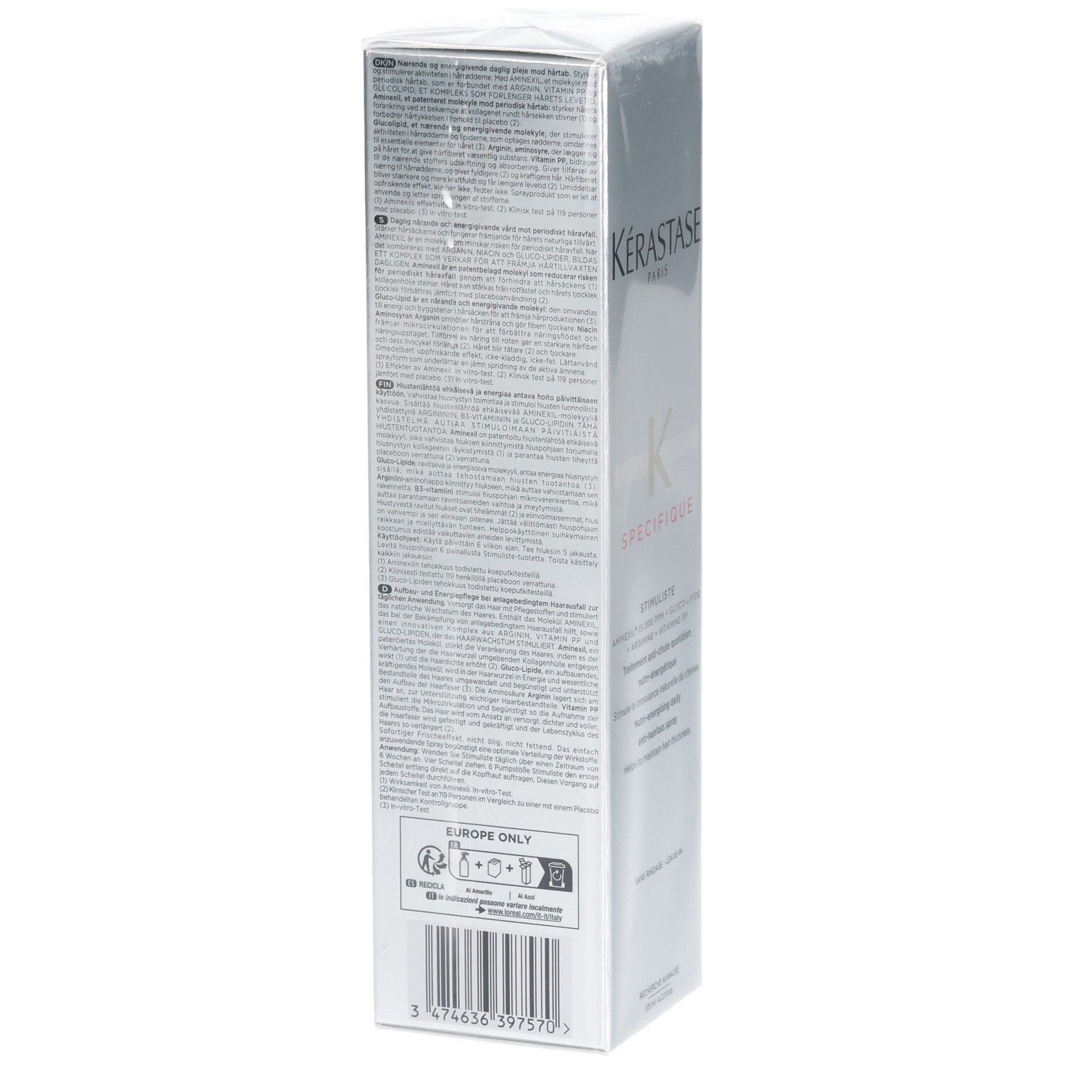 Flacon Kérastase Spécifique Stimuliste. Vue latérale avec instructions d'utilisation détaillées et ingrédients.