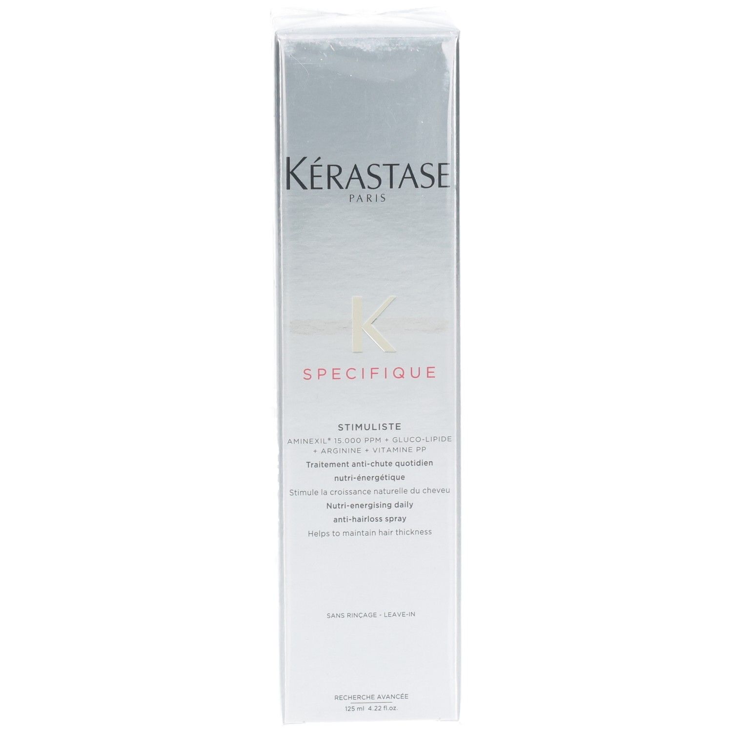 Flacon Kérastase Spécifique Stimuliste. Vue de face avec informations produit, logo et texte.