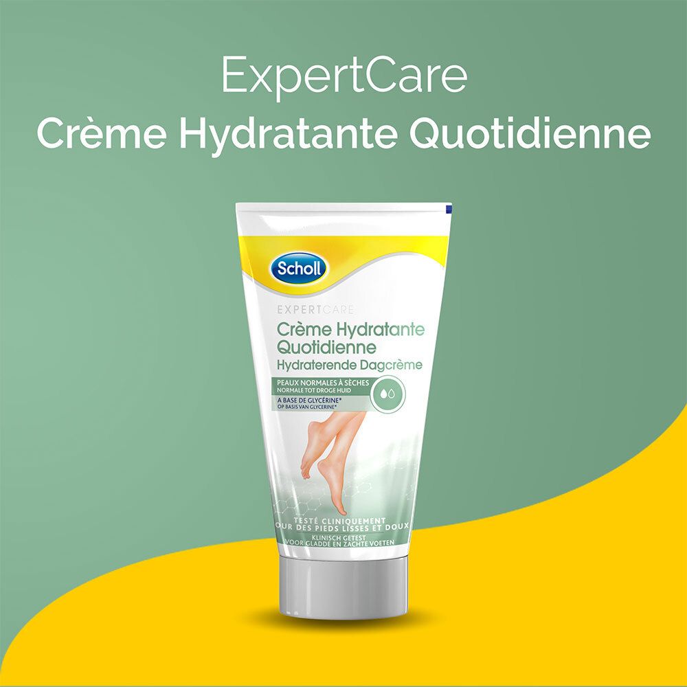 Tube de crème hydratante Scholl ExpertCare. Inscription "Crème Hydratante Quotidienne". Image de pieds. Fond vert et jaune.