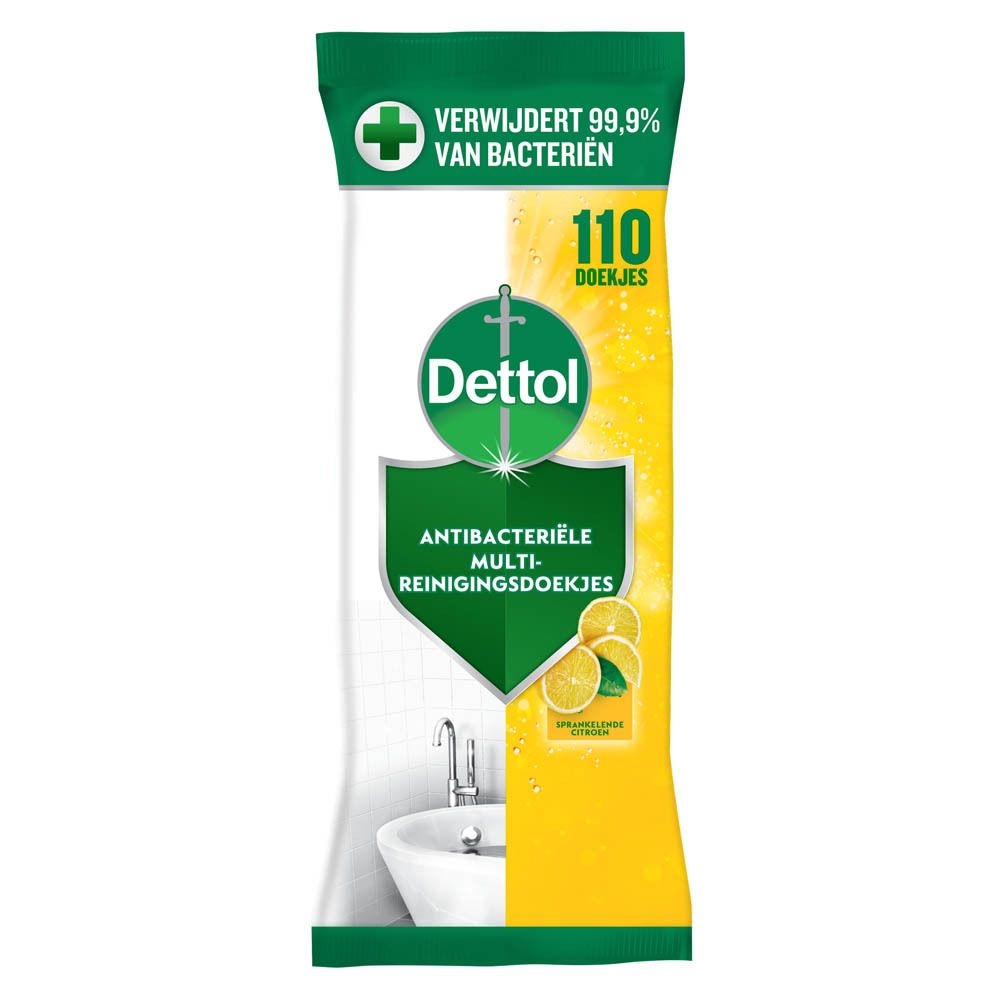 Dettol reinigingsdoekjes verpakking. Antibacteriële doekjes. 110 doekjes. Geelgroene verpakking. Citroen.