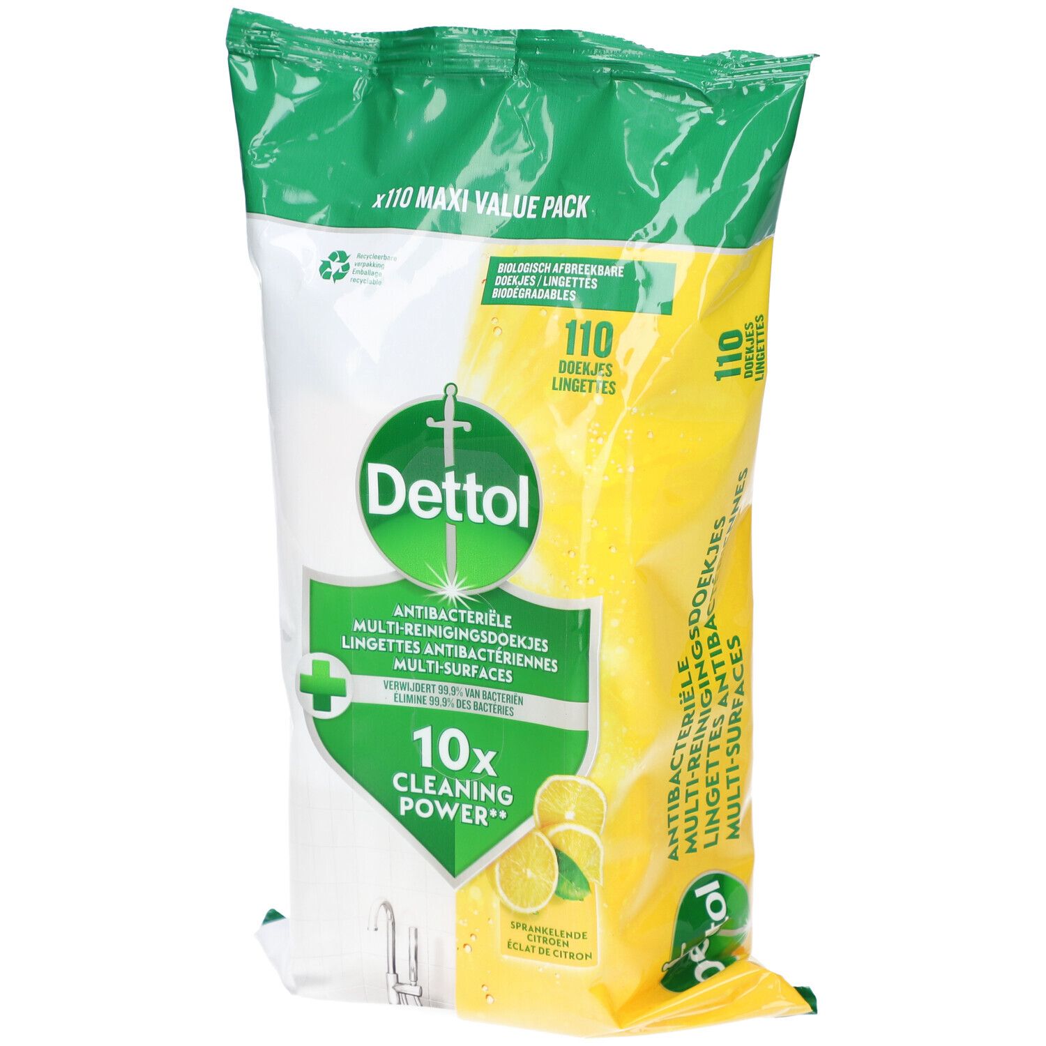 Paquet de 110 lingettes Dettol, Maxi format. Antibactériennes, multi-surfaces. Emballage vert et jaune avec illustration de citrons.